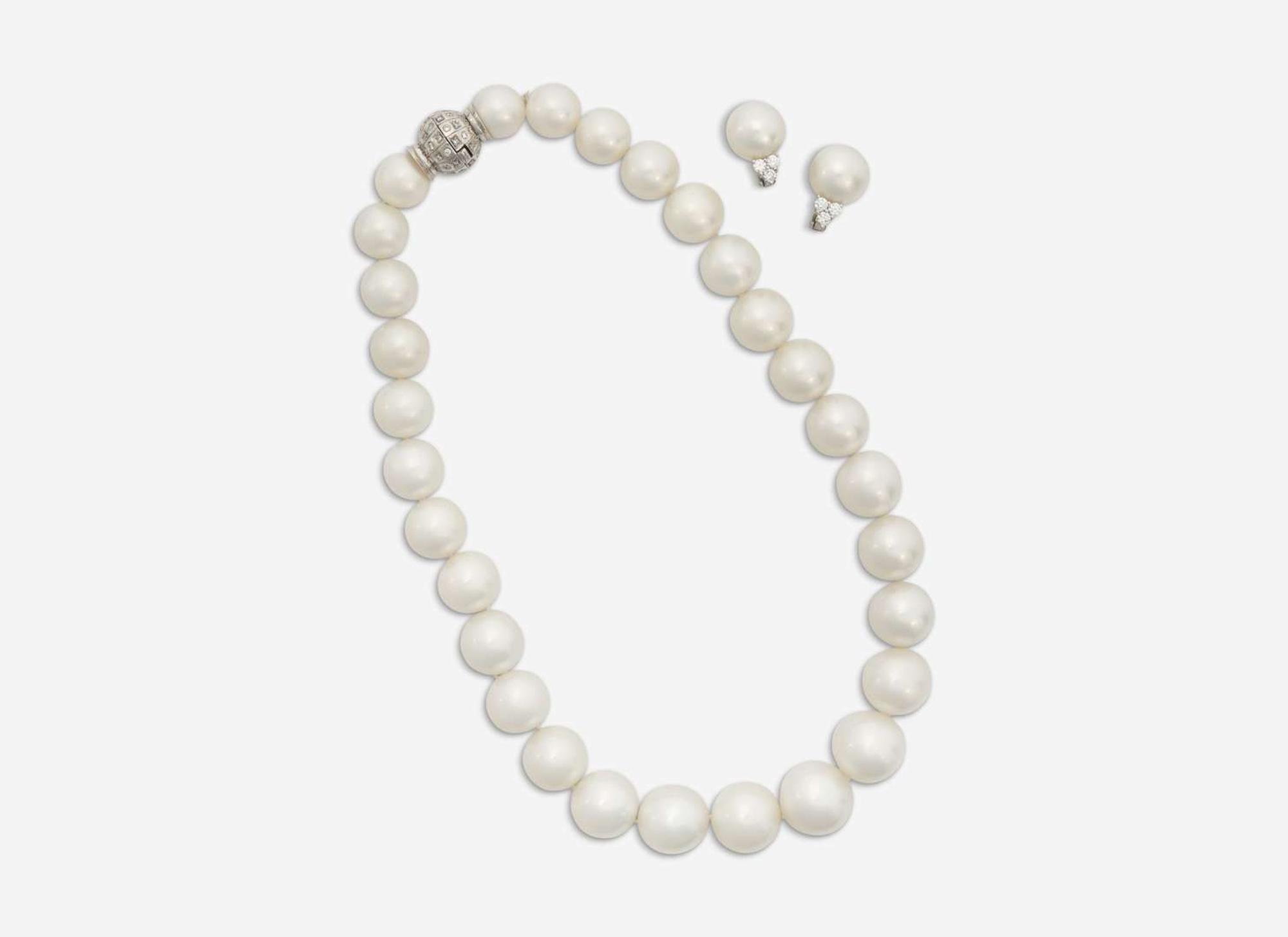 An 18K White Gold, South Sea Pearl, and Diamond Earrings and Necklace Suite