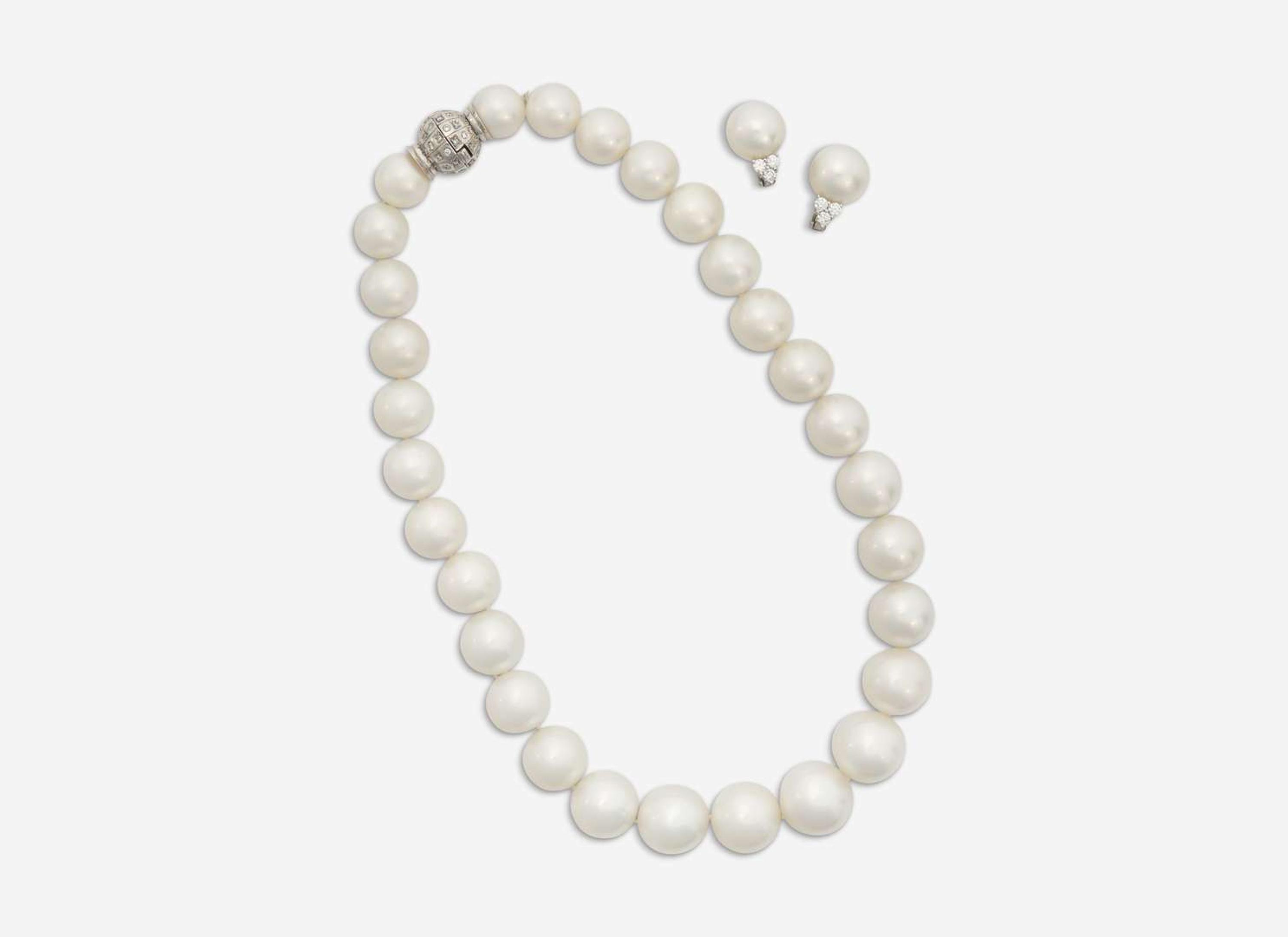 An 18K White Gold, South Sea Pearl, and Diamond Earrings and Necklace Suite