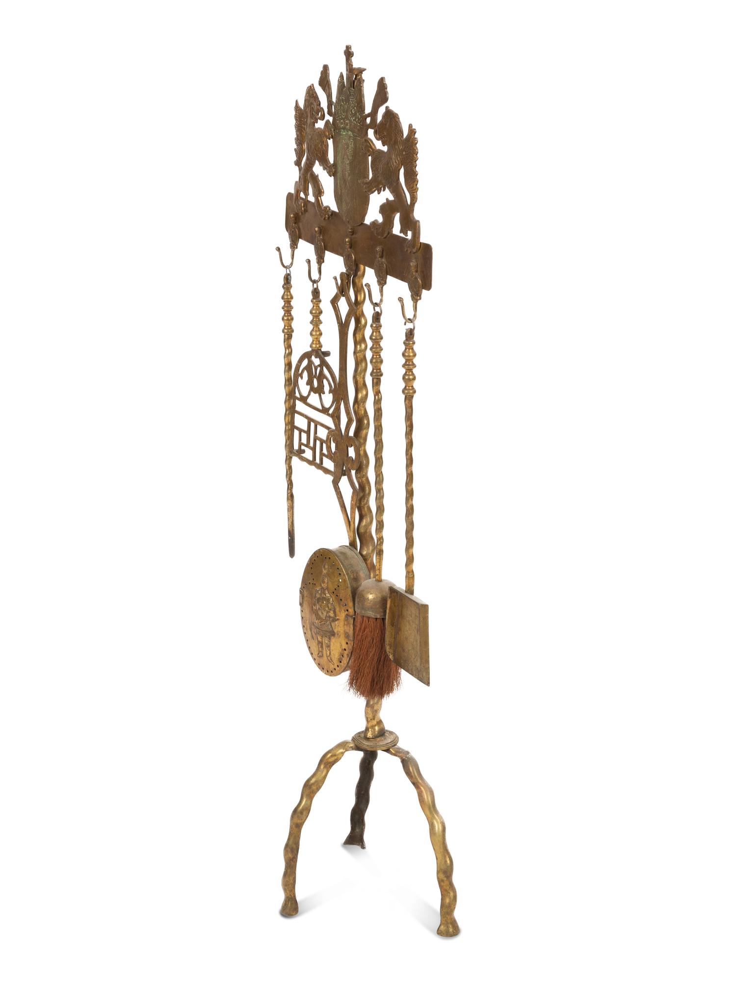 A Mizner Brass Fireplace Tool Set and Stand