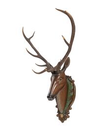 A Swiss 'Black Forest' Carved and Paint-Decorated Stag Head Trophy