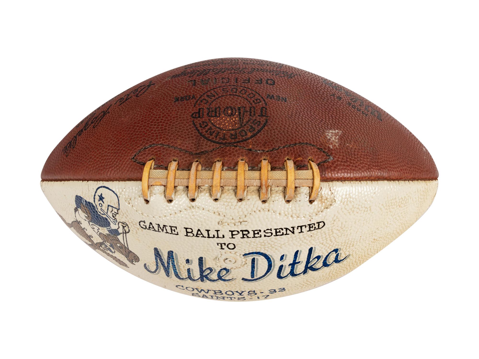 A 1969 Dallas Cowboys vs. New Orleans Saints Game Ball Presented to Mike Ditka Formerly Displayed at Mike Ditka's Restaurant