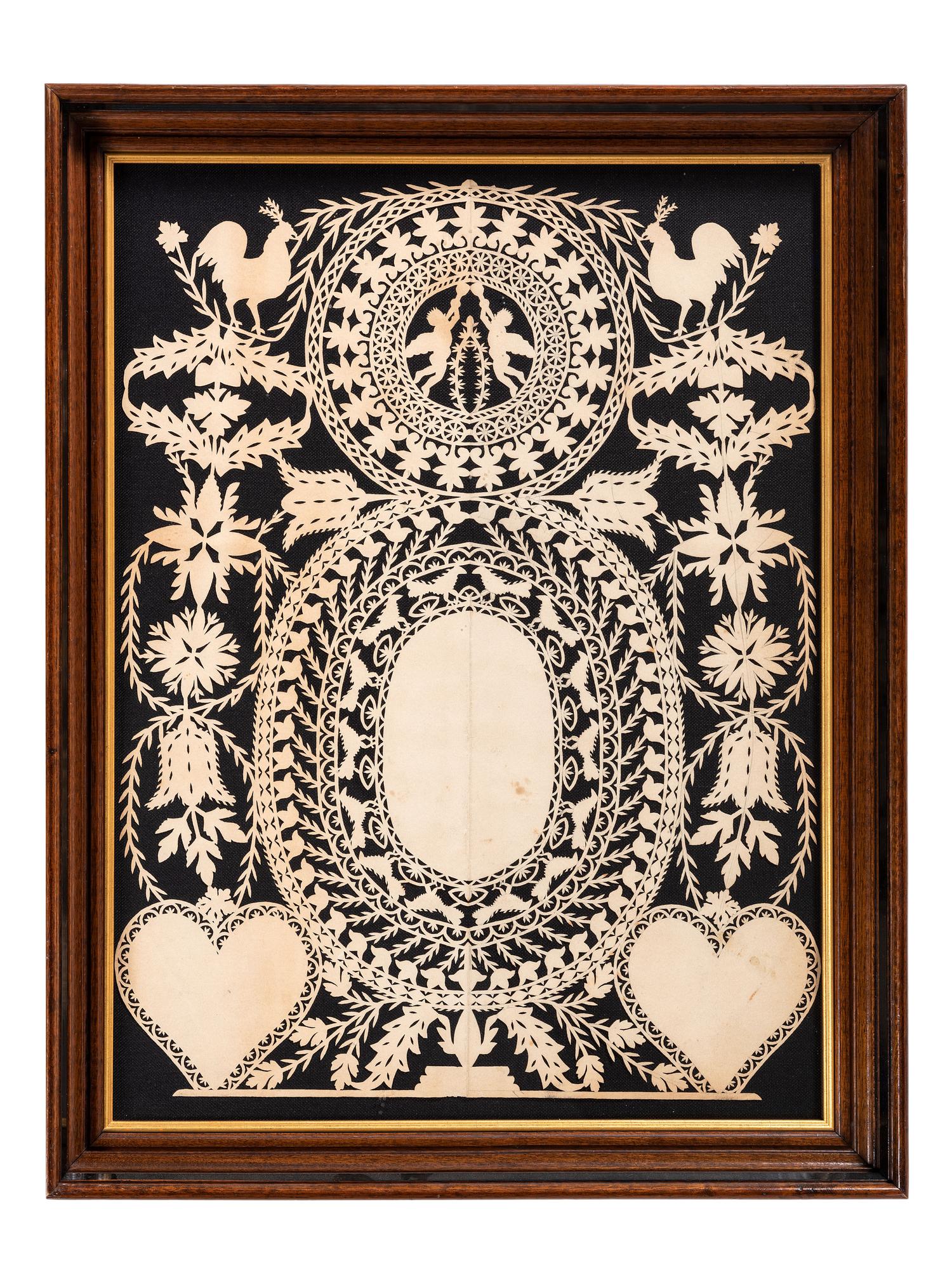 A Scherenschnitte Cutwork Picture with Roosters, Putti, and Hearts