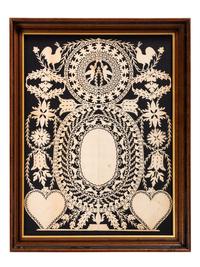 A Scherenschnitte Cutwork Picture with Roosters, Putti, and Hearts