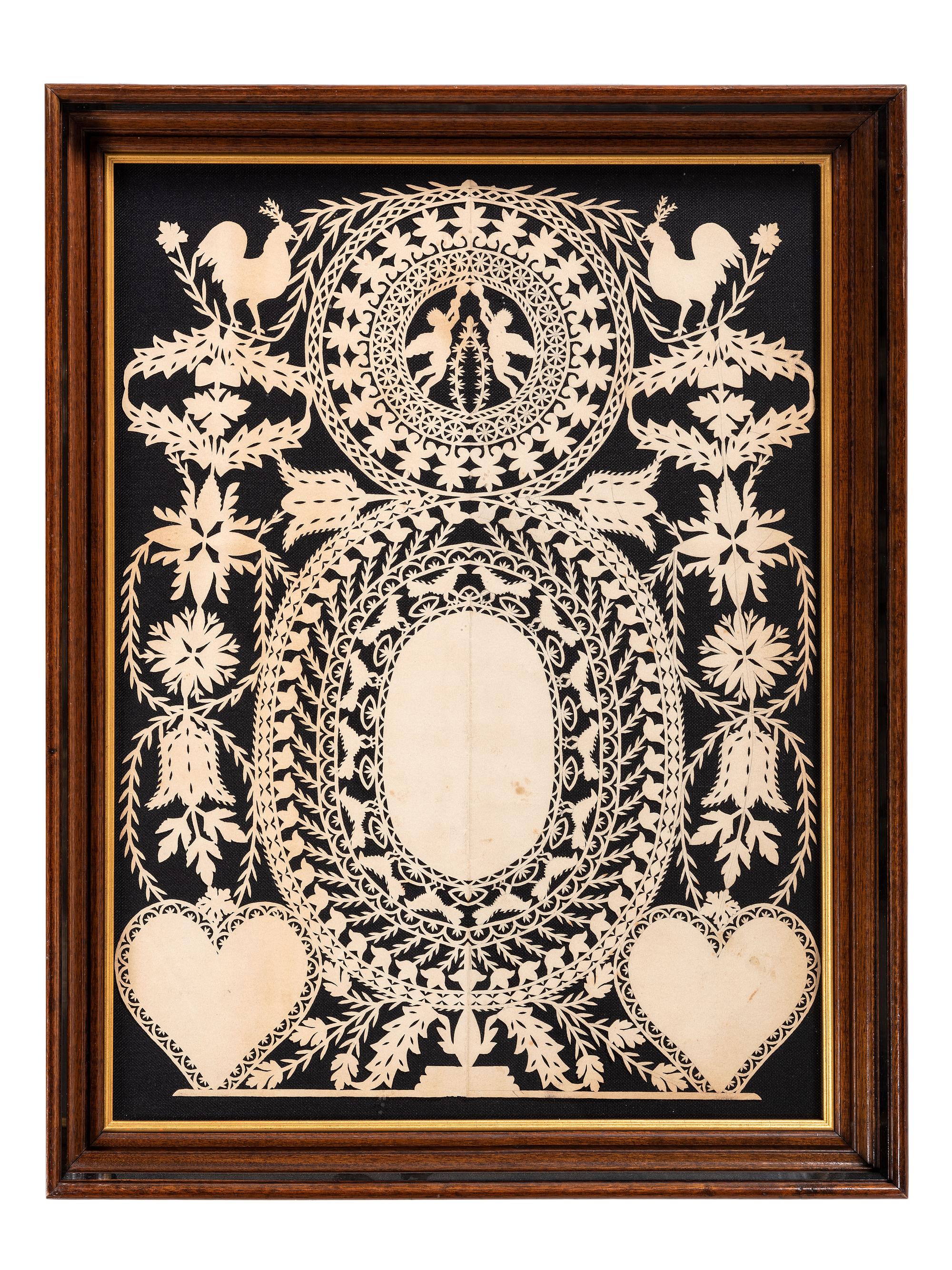 A Scherenschnitte Cutwork Picture with Roosters, Putti, and Hearts