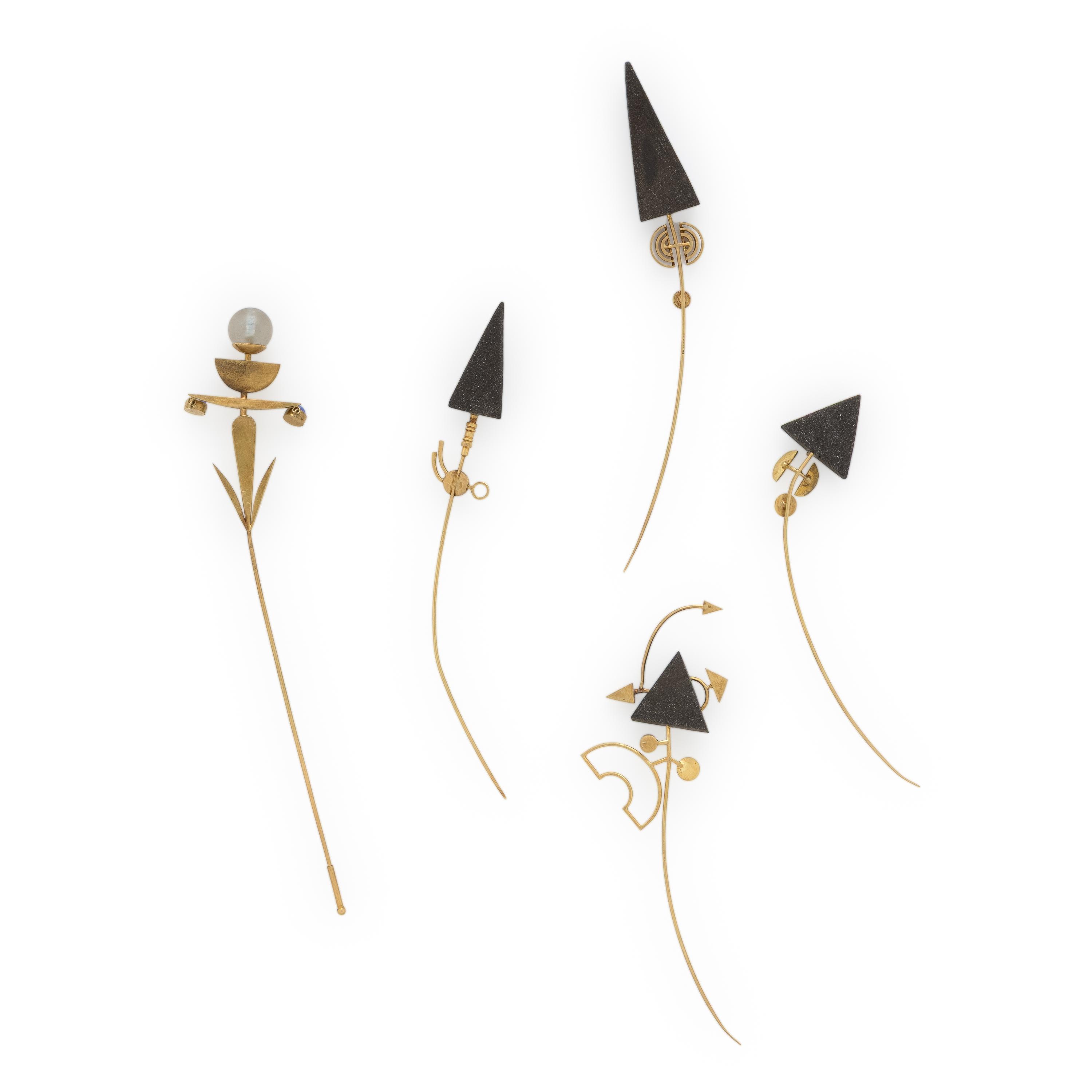 Wendy Ramshaw, Collection of Five Yellow Gold and Multigem Stick Pins