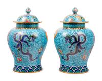 Two Pairs of Chinese Blue Ground Cloisonné Enameled 'Dragon' Vessels