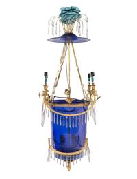 A Russian Gilt Metal, Cobalt and Colorless Glass Four-Light Hall Lantern