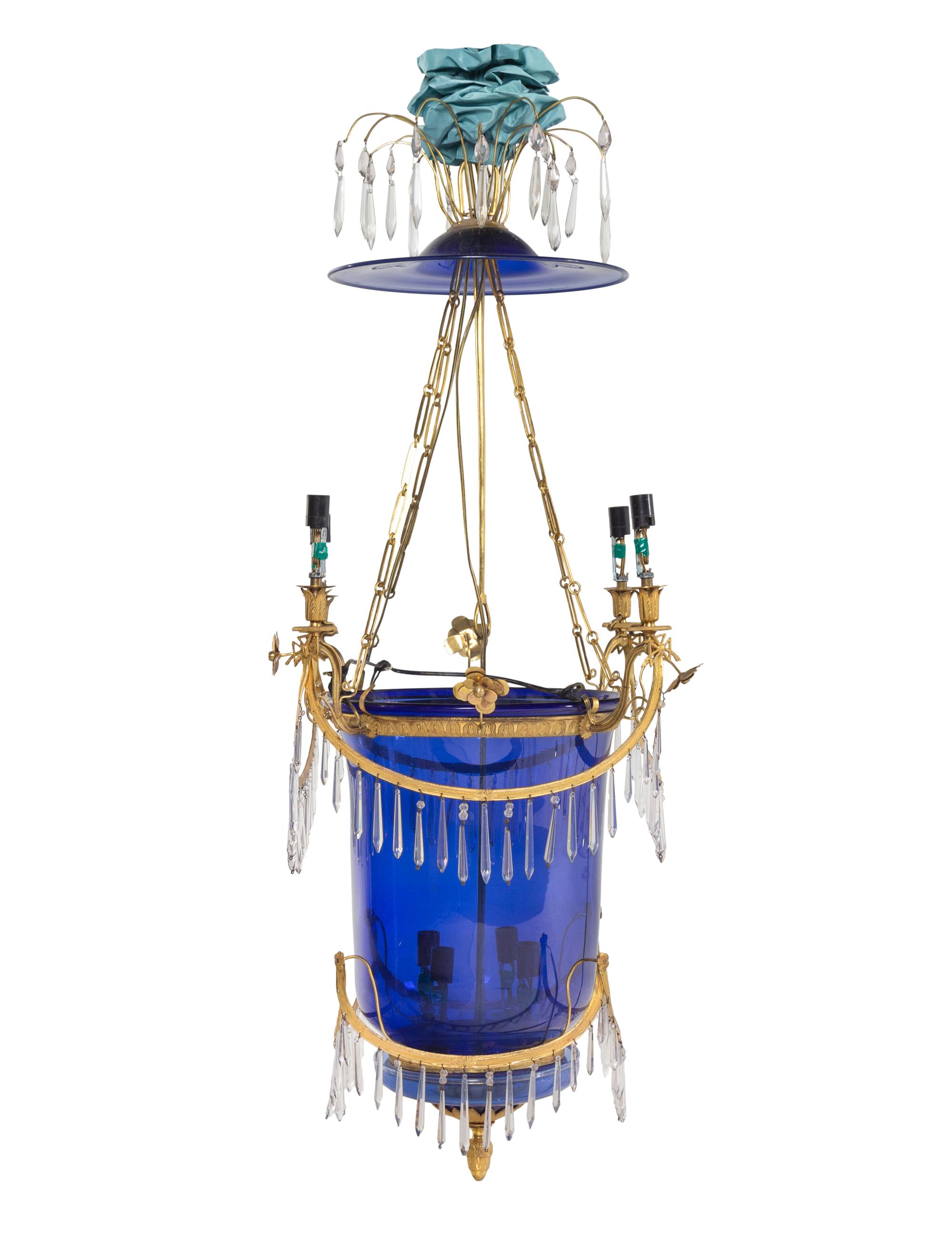 A Russian Gilt Metal, Cobalt and Colorless Glass Four-Light Hall Lantern
