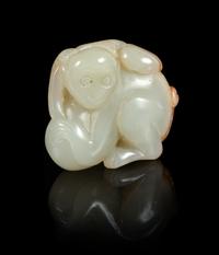 A Celadon and Russet Jade Figure of a Monkey Height 1 1/2 inches. — 19TH CENTURY