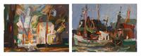 Two works: Harbor scene and Village scene