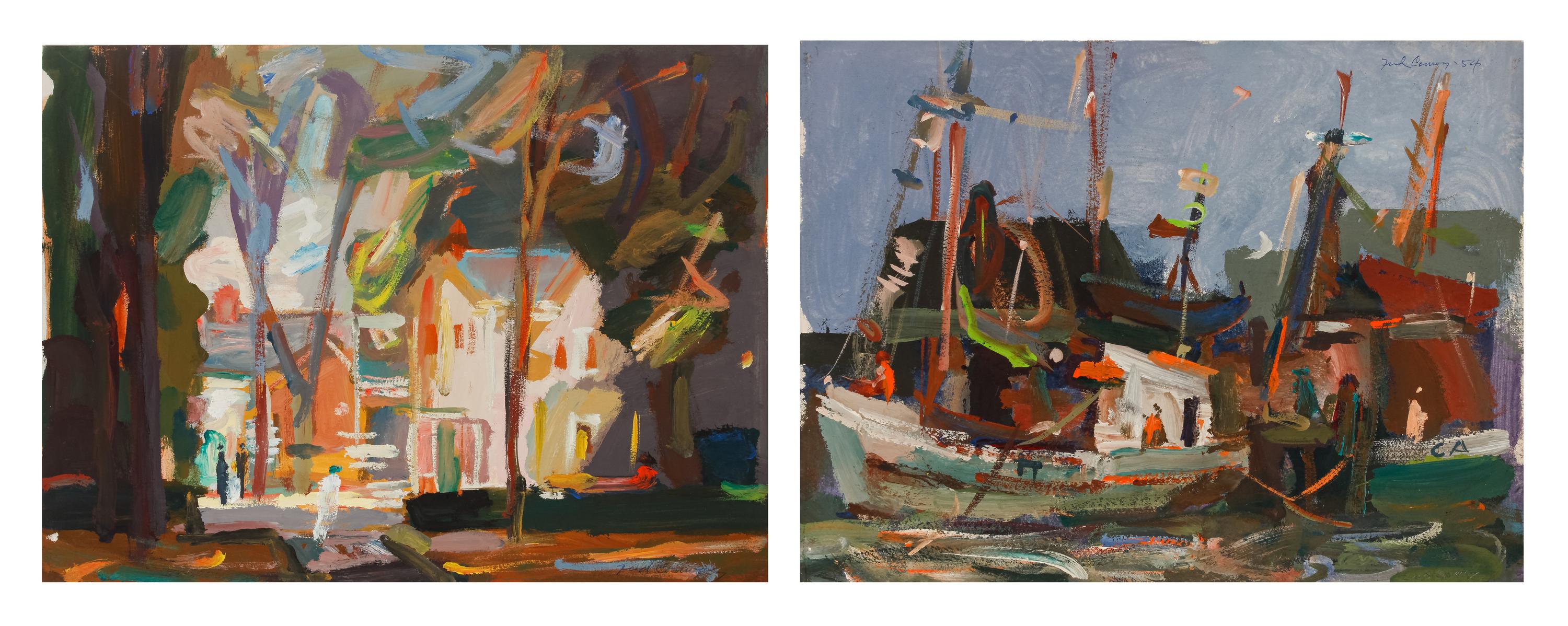 Two works: Harbor scene and Village scene