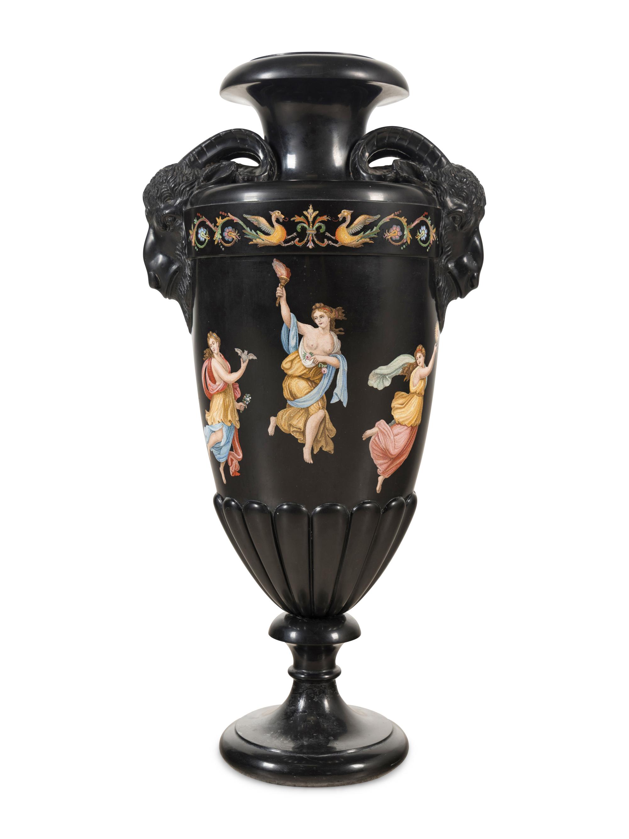An Italian Neoclassical Black Belgian Marble and Micromosaic Vase