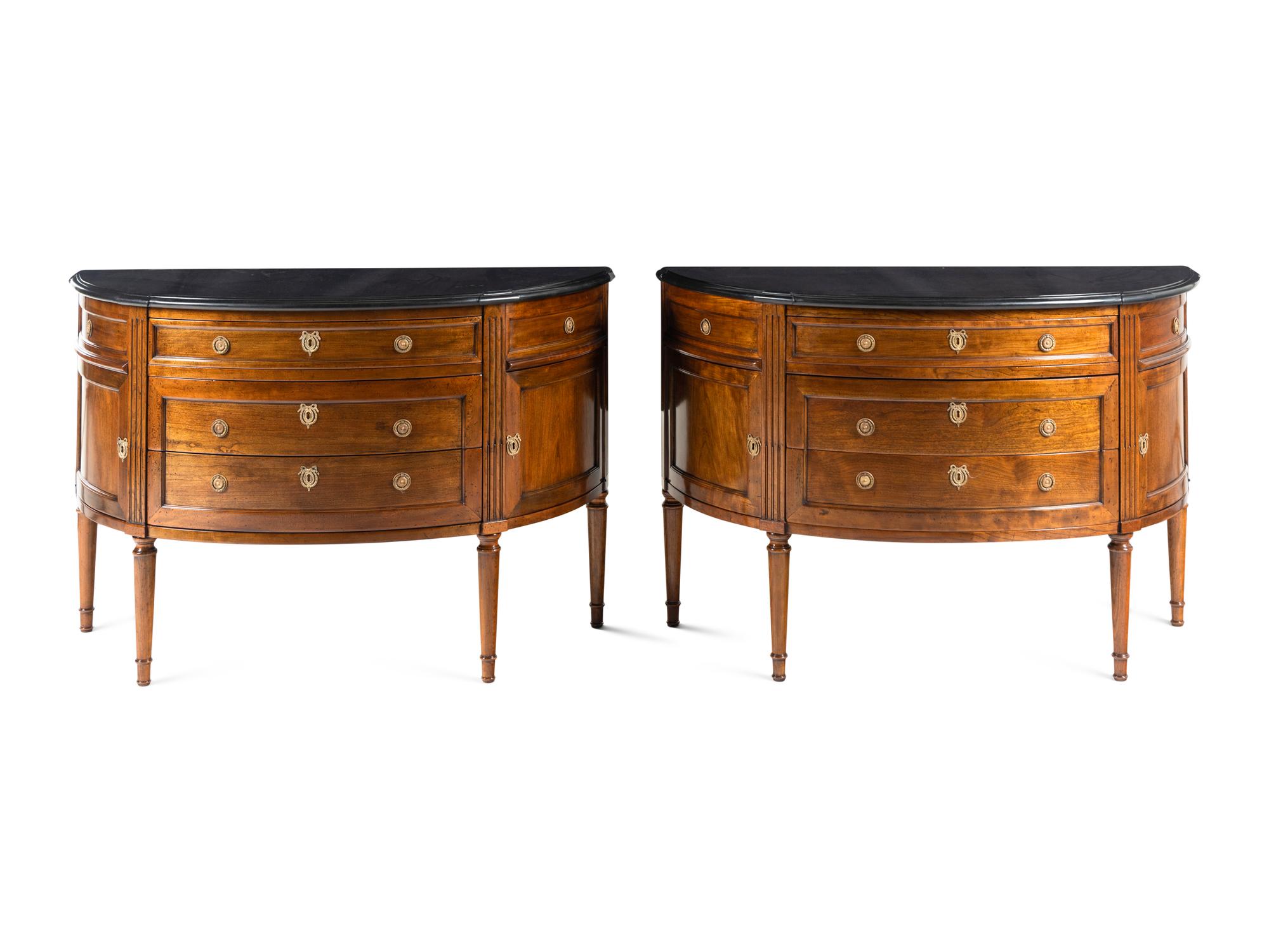 A Pair of Louis XVI Style Walnut Marble-Top Commodes