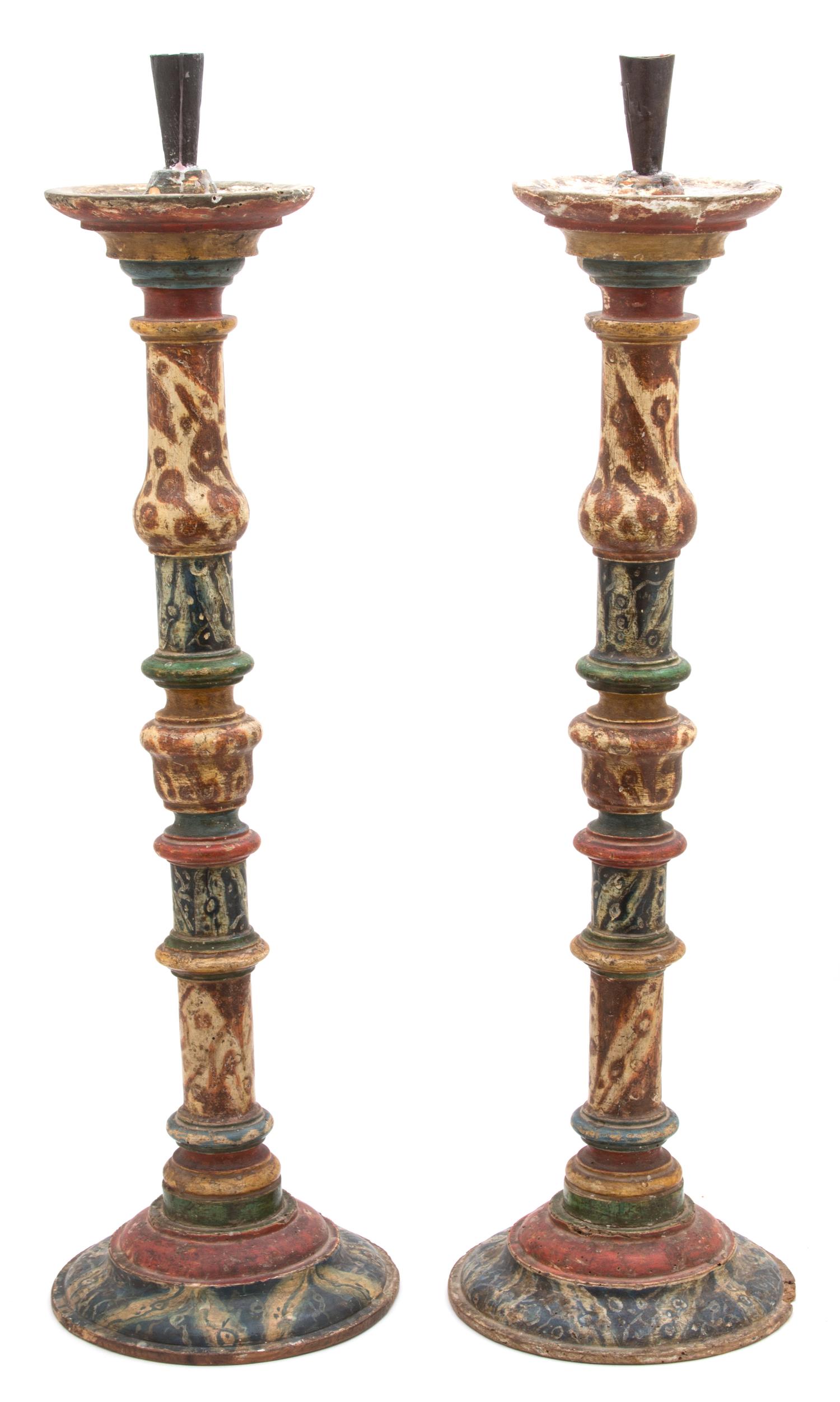 A Pair of Italian Faux Painted Pine Candlesticks Height 29 inches. — 19TH CENTURY