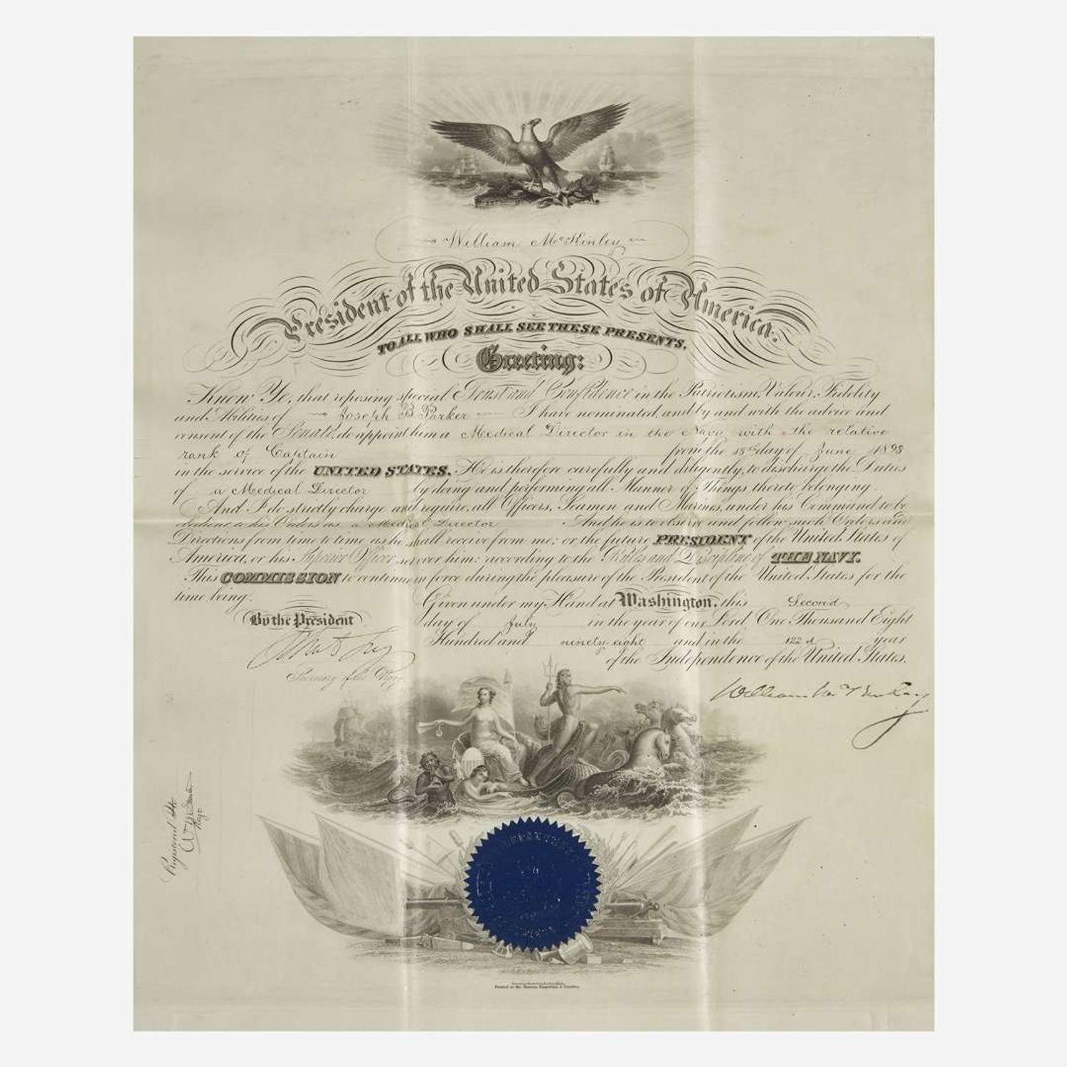 [Presidential] Cleveland, Grover, and William McKinley, and William H. Taft Group of 3 Signed Military Commissions
