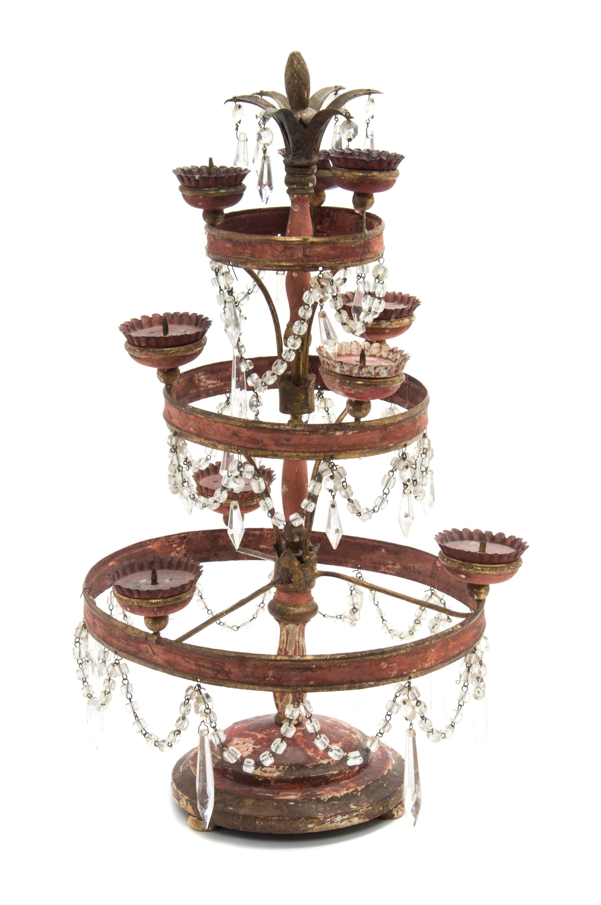 A French Painted Metal and Cut Crystal Nine-Light Candelabrum Height 22 x diameter 12 inches. — 19th CENTURY