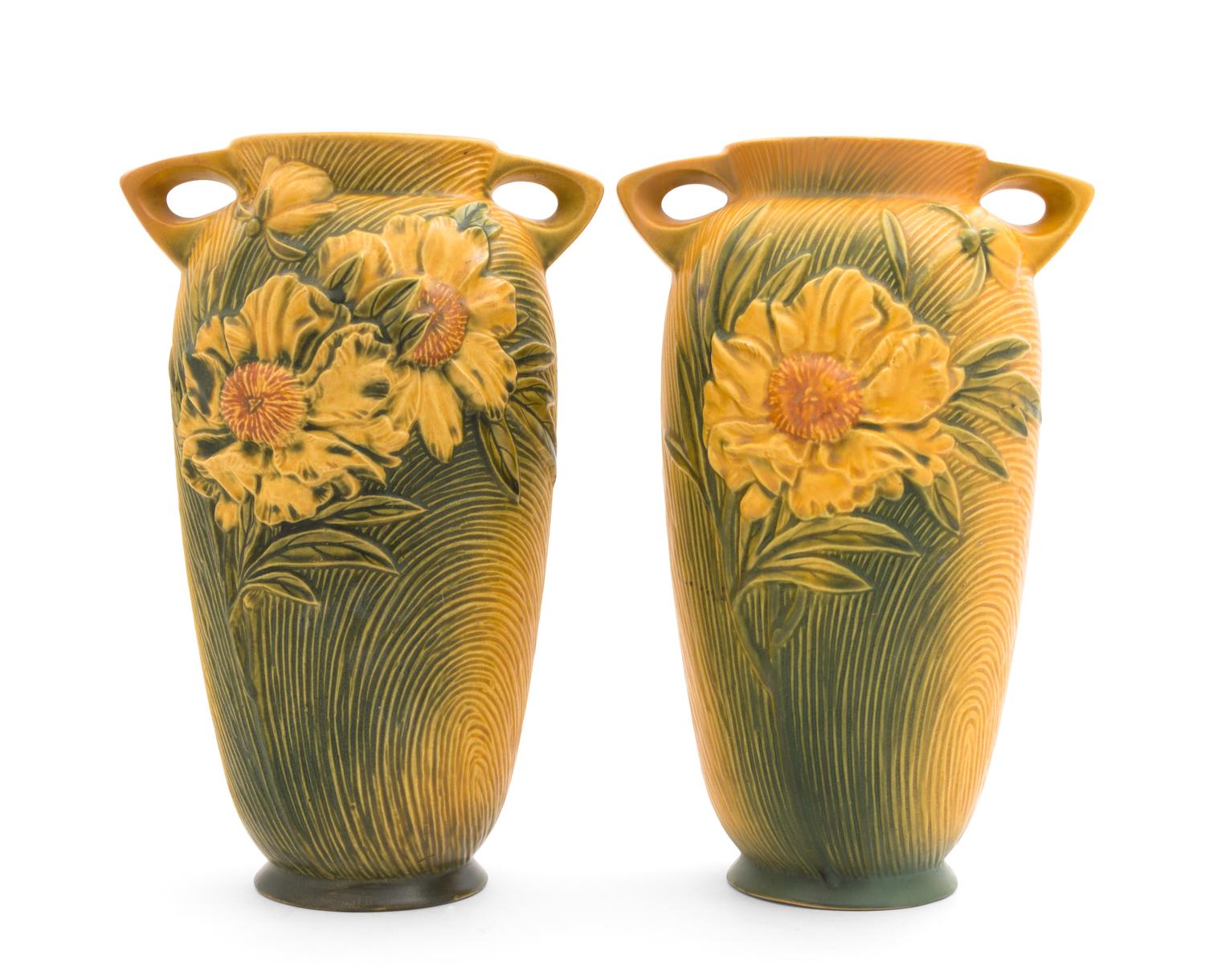 A Pair of Roseville Peony Pottery Vases Height 12 1/4 inches.