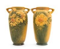 A Pair of Roseville Peony Pottery Vases Height 12 1/4 inches.