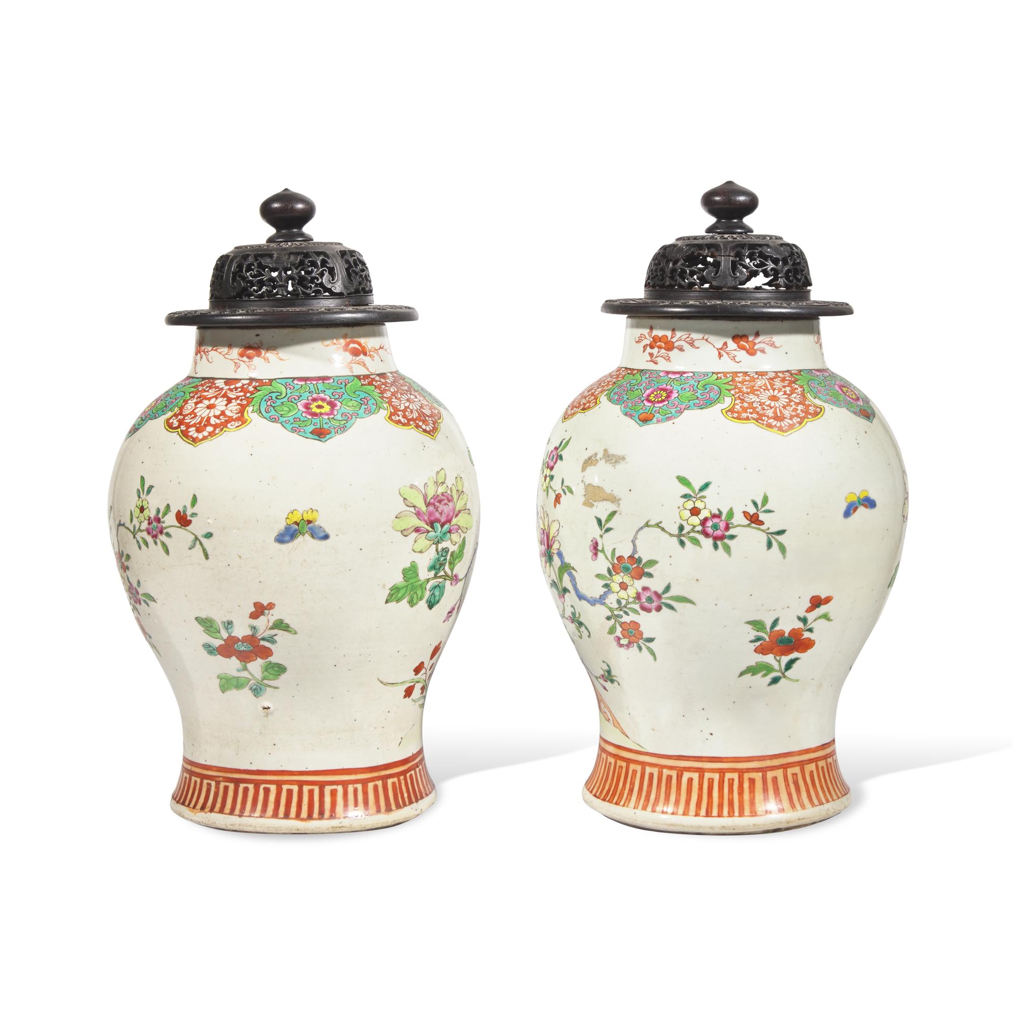 A Pair of Chinese Porcelain Famille Rose Baluster Jars