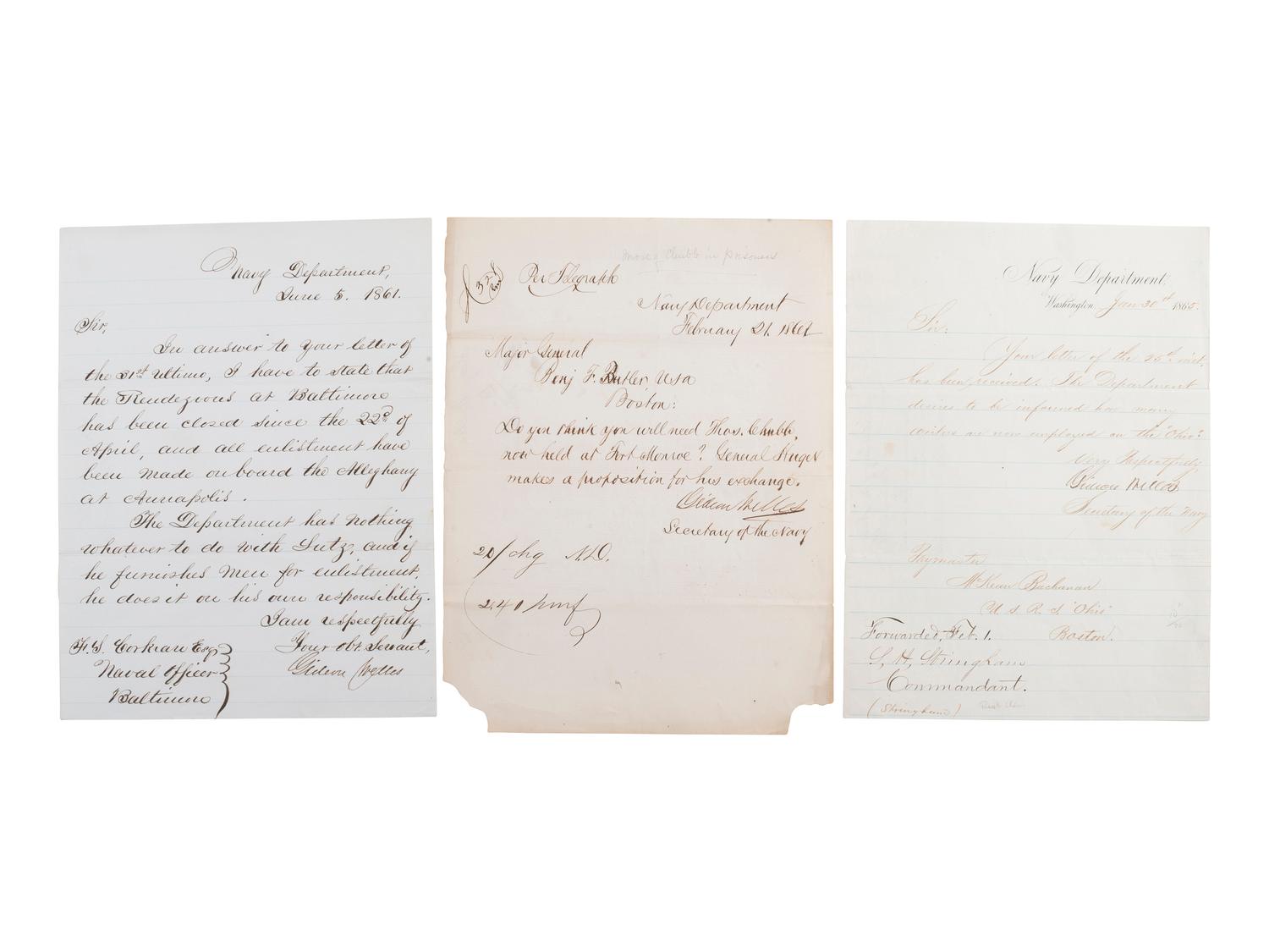 [CIVIL WAR - NAVY]. A group of 3 letters signed by Gideon Welles, comprising: