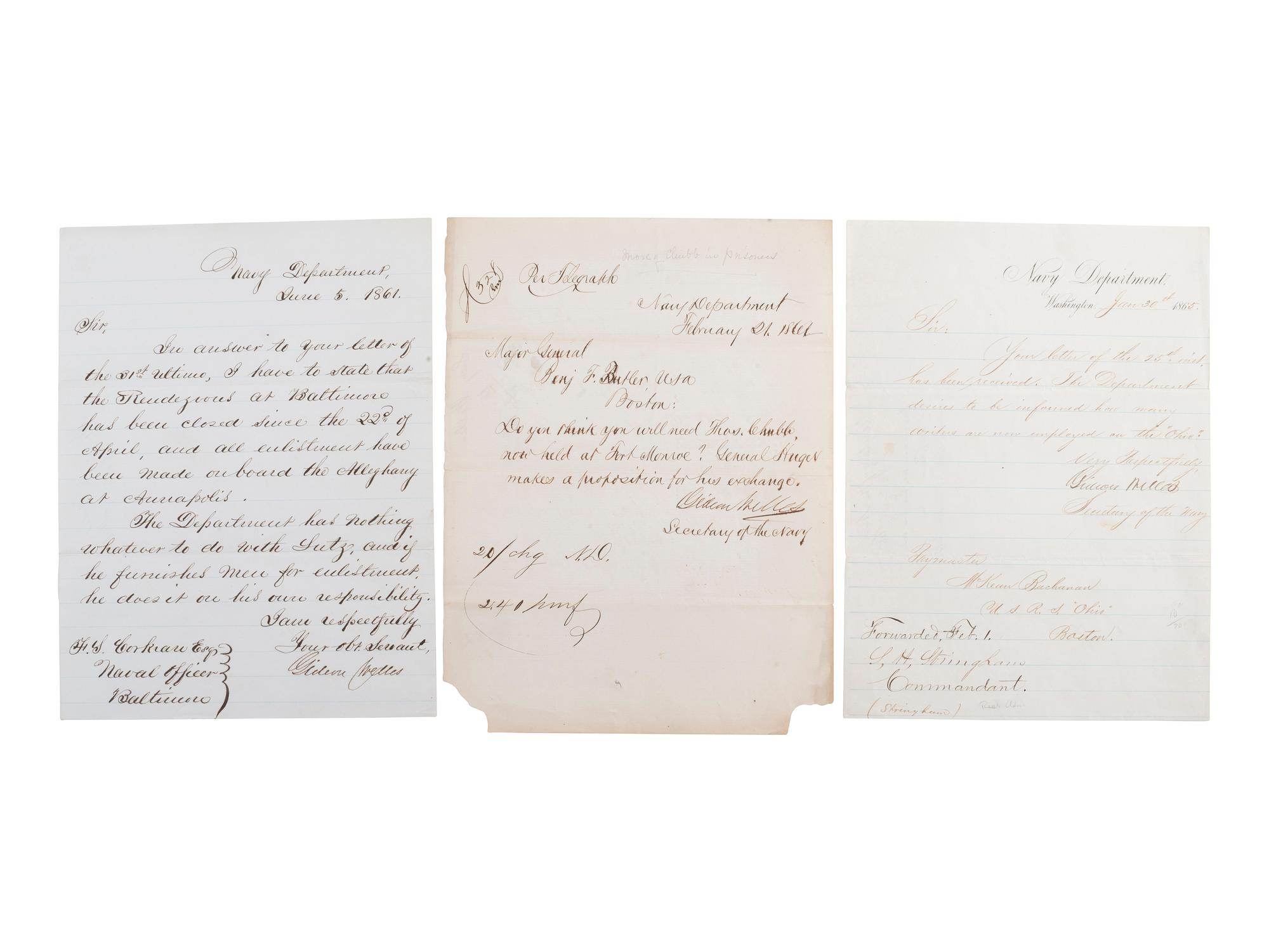 [CIVIL WAR - NAVY]. A group of 3 letters signed by Gideon Welles, comprising:
