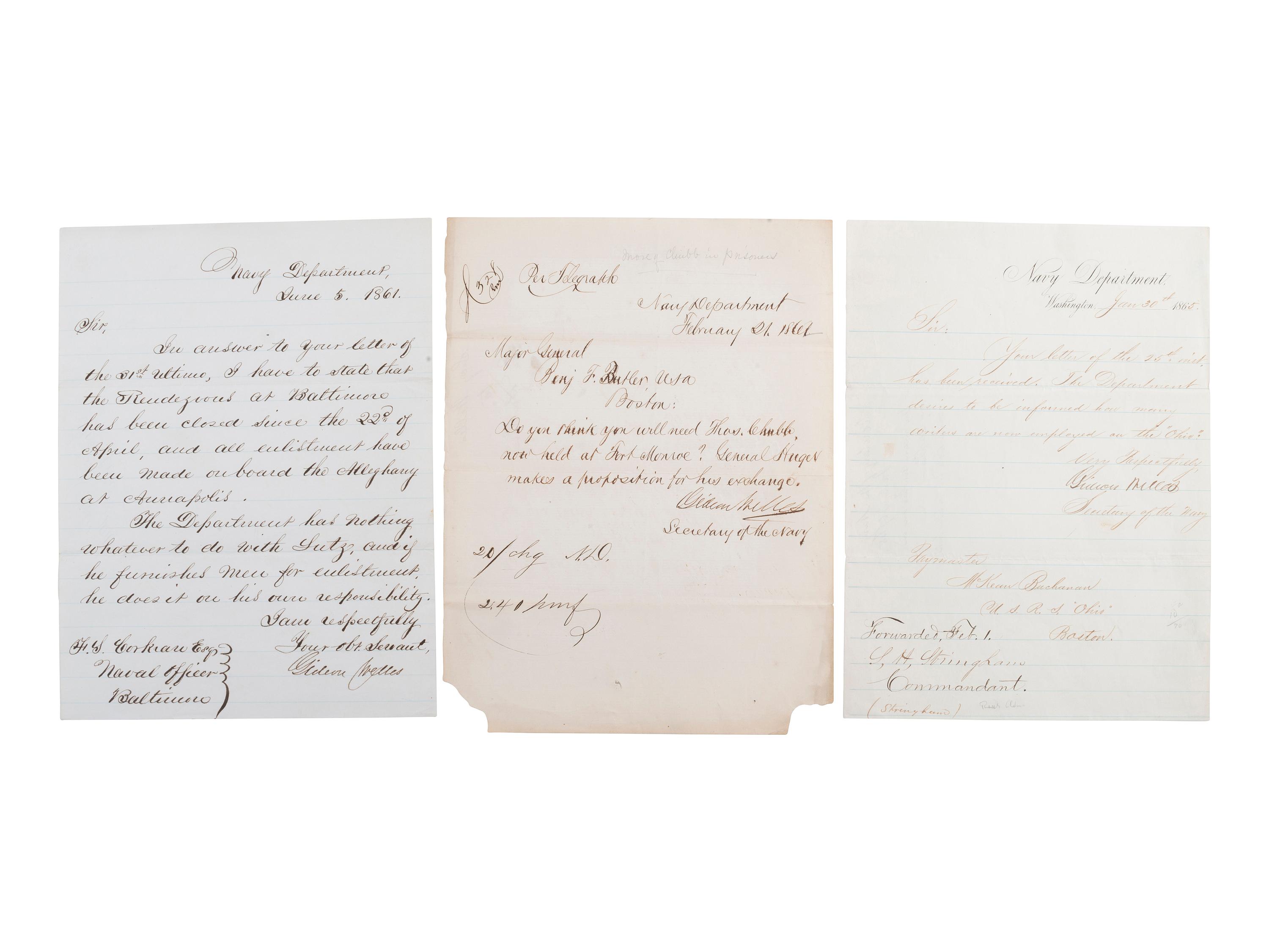 [CIVIL WAR - NAVY]. A group of 3 letters signed by Gideon Welles, comprising: