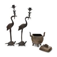 A Japanese Bronze Incense Burner and A Pair of Crane-Form Candle Holders