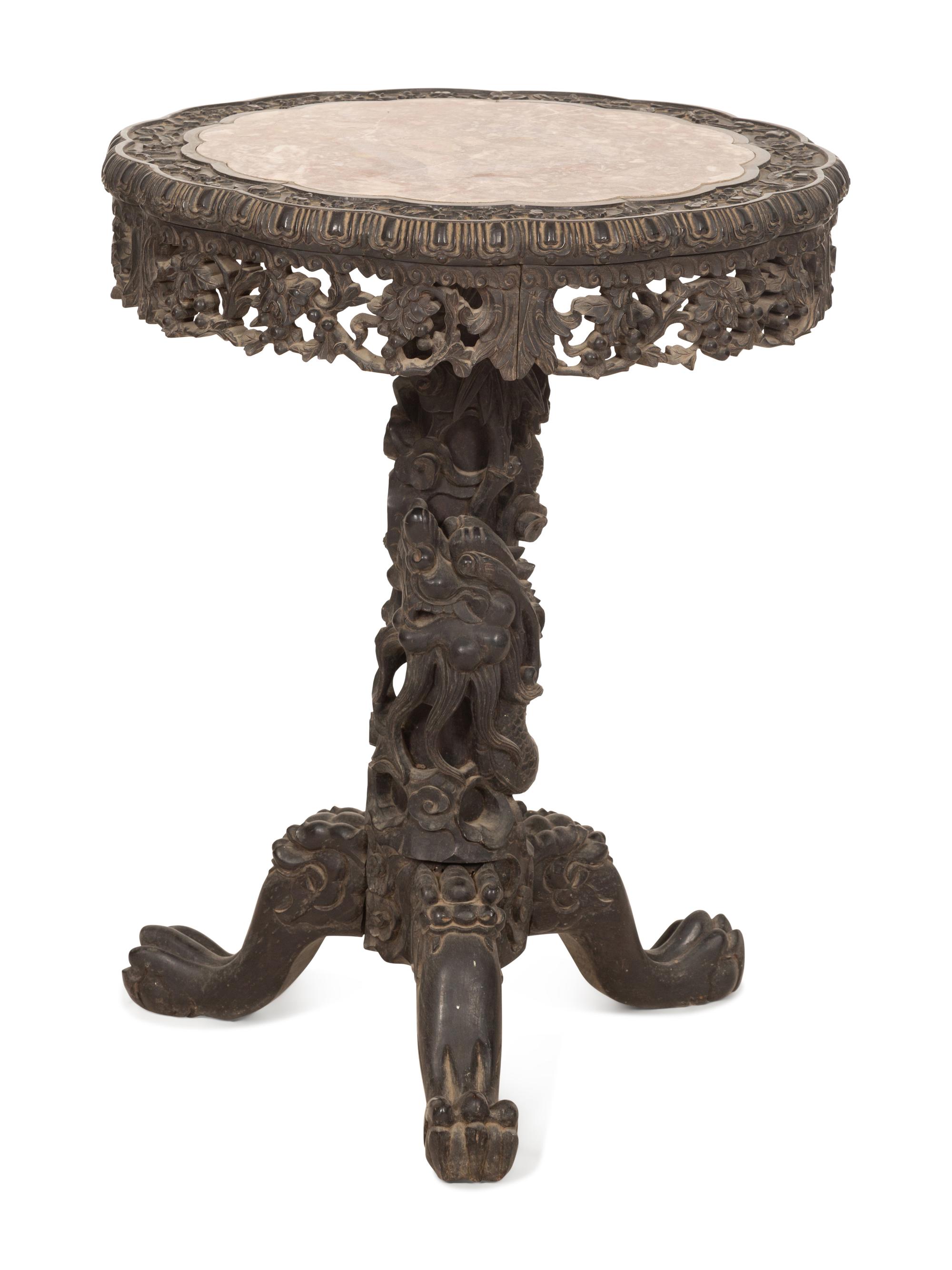 A Chinese Carved Hardwood Center Table with Inset Marble Top