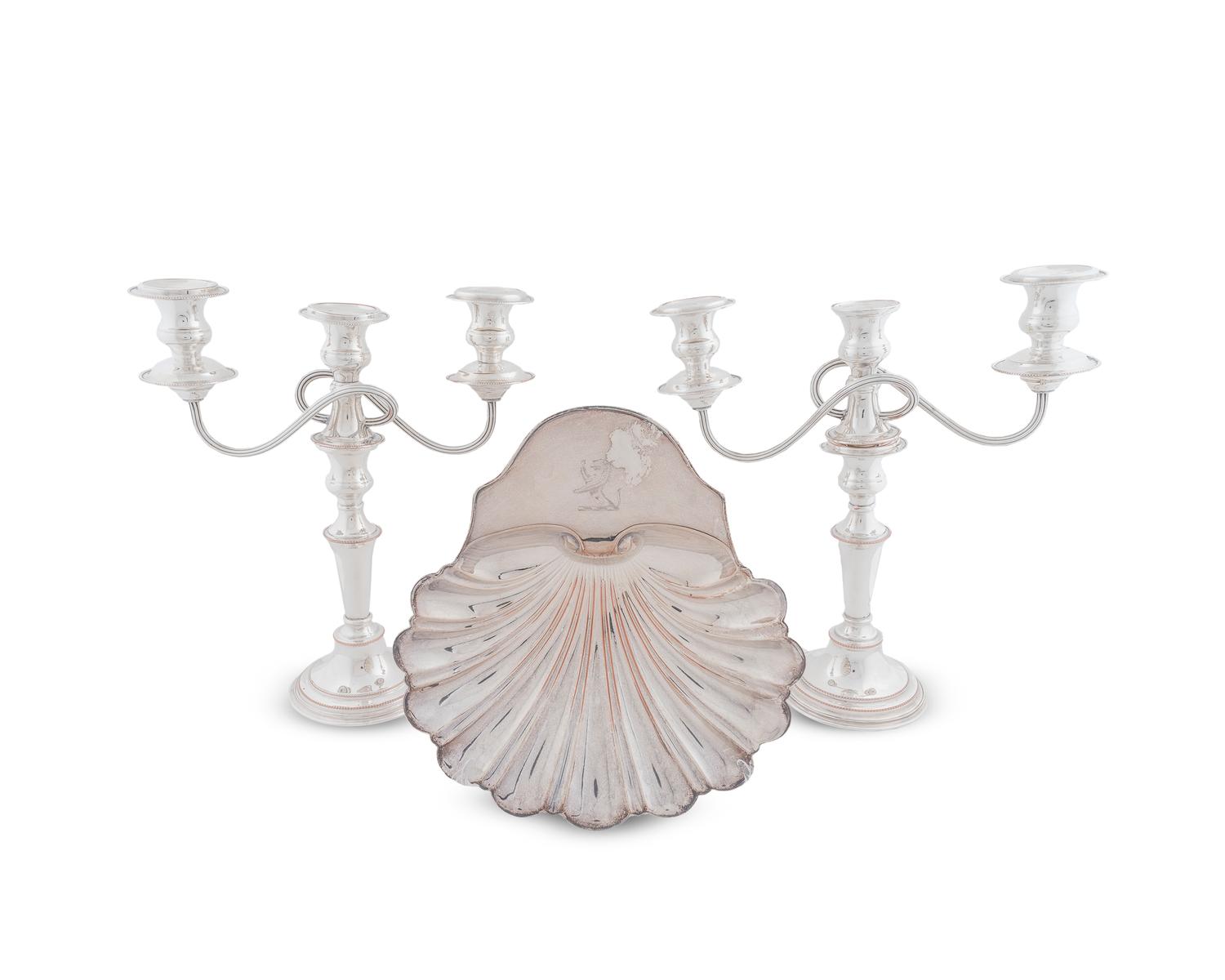 A Pair of Silver on Copper Two Light Candelabra and a Shell-form Serving Dish — 19TH/20TH CENTURY