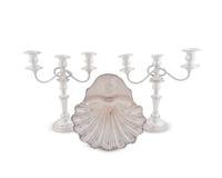 A Pair of Silver on Copper Two Light Candelabra and a Shell-form Serving Dish — 19TH/20TH CENTURY