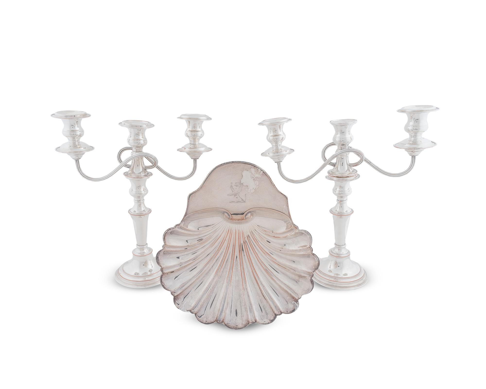 A Pair of Silver on Copper Two Light Candelabra and a Shell-form Serving Dish — 19TH/20TH CENTURY