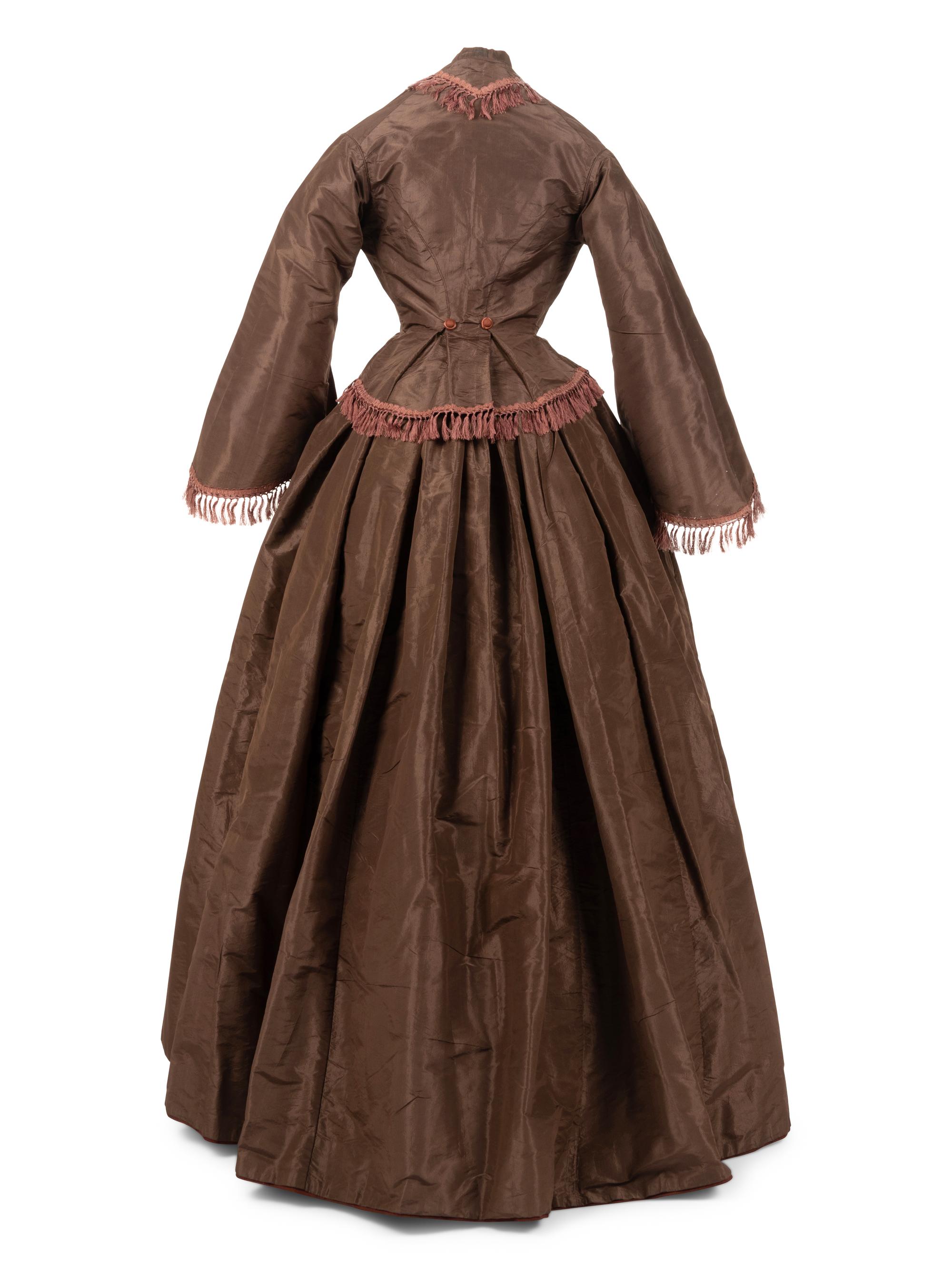 Silk Taffeta Two-Piece Dress Trimmed with Fringe, 1860s