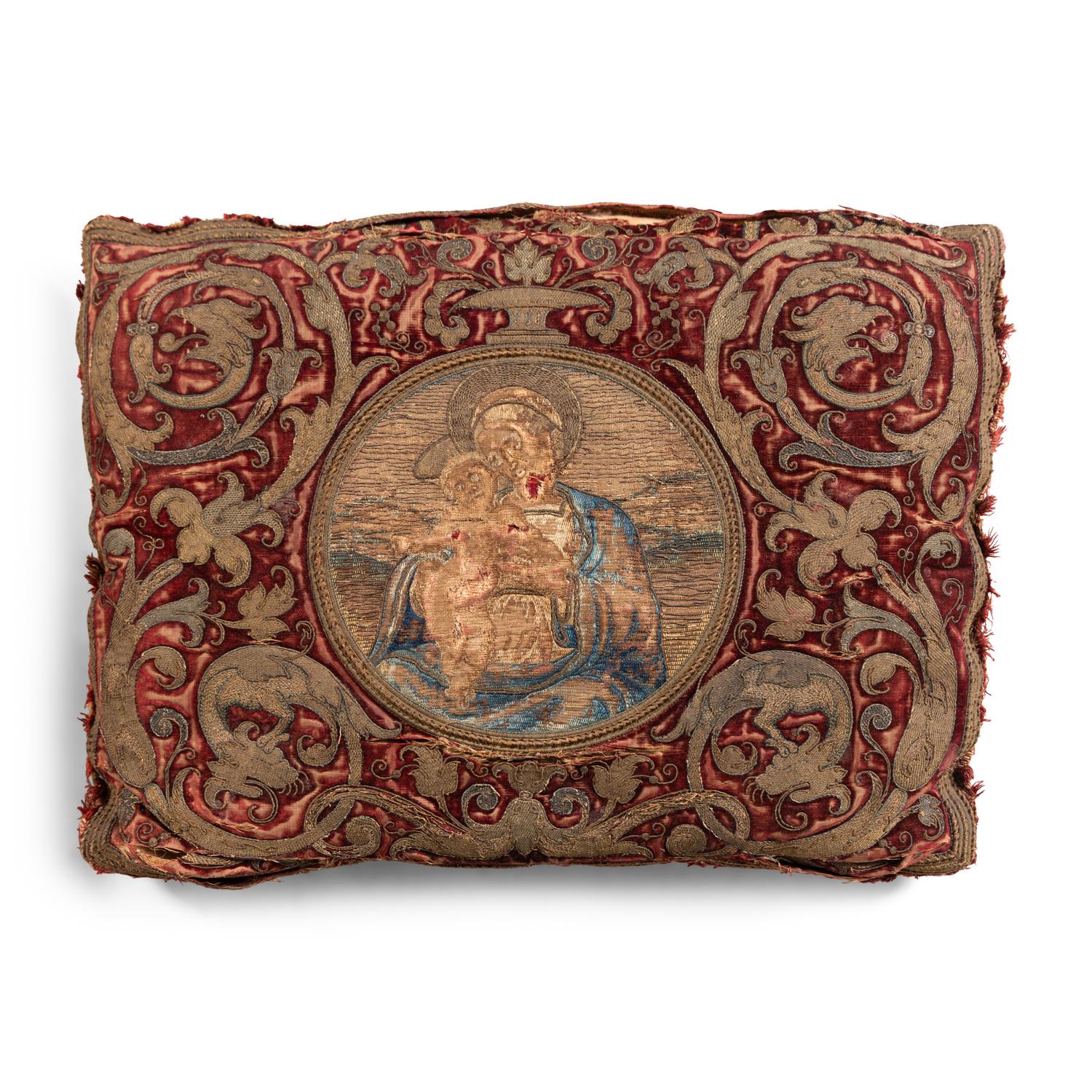 A Pair of Silk Velvet, Gold Filé and Silk Embroidered Panels, Now Mounted as Pillows