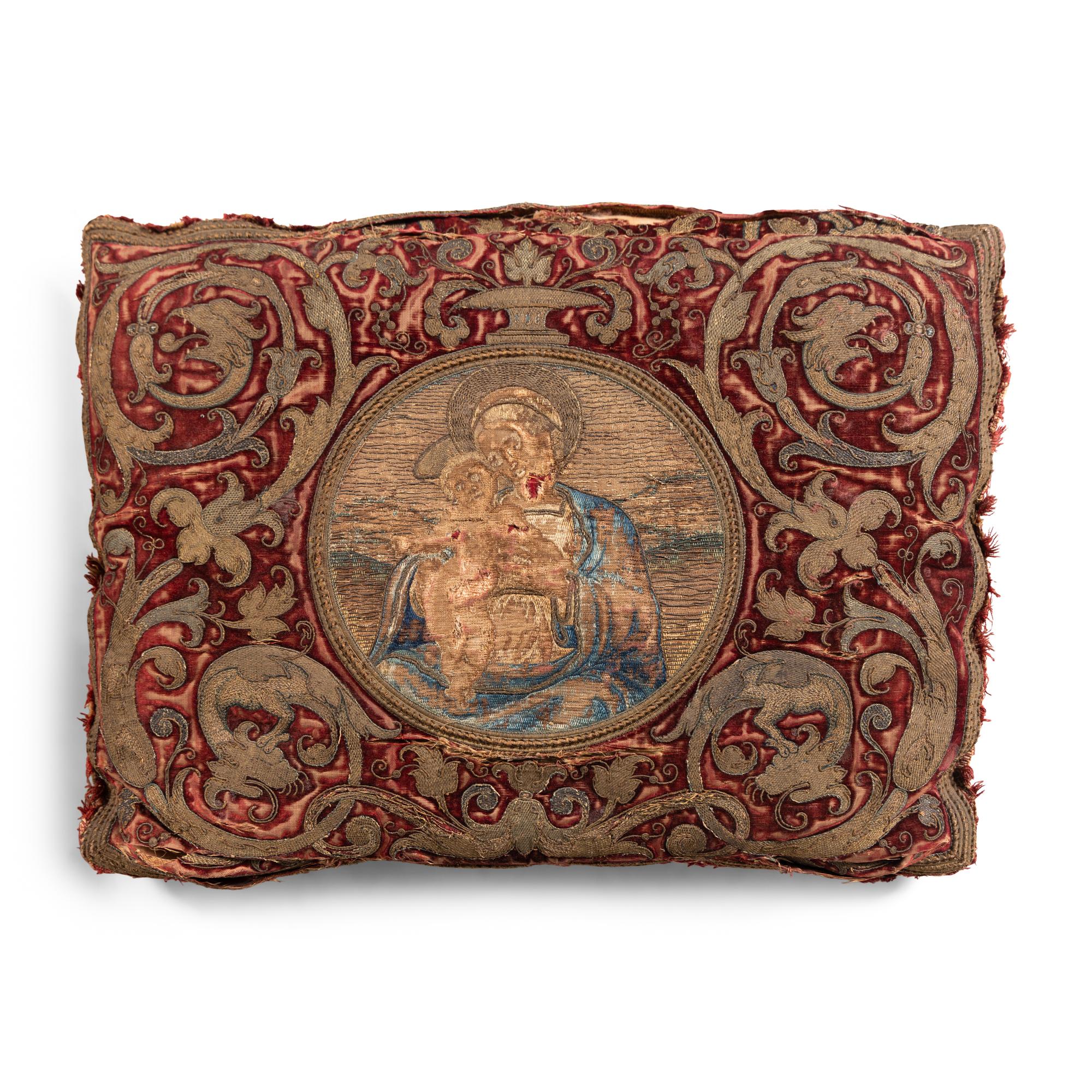 A Pair of Silk Velvet, Gold Filé and Silk Embroidered Panels, Now Mounted as Pillows