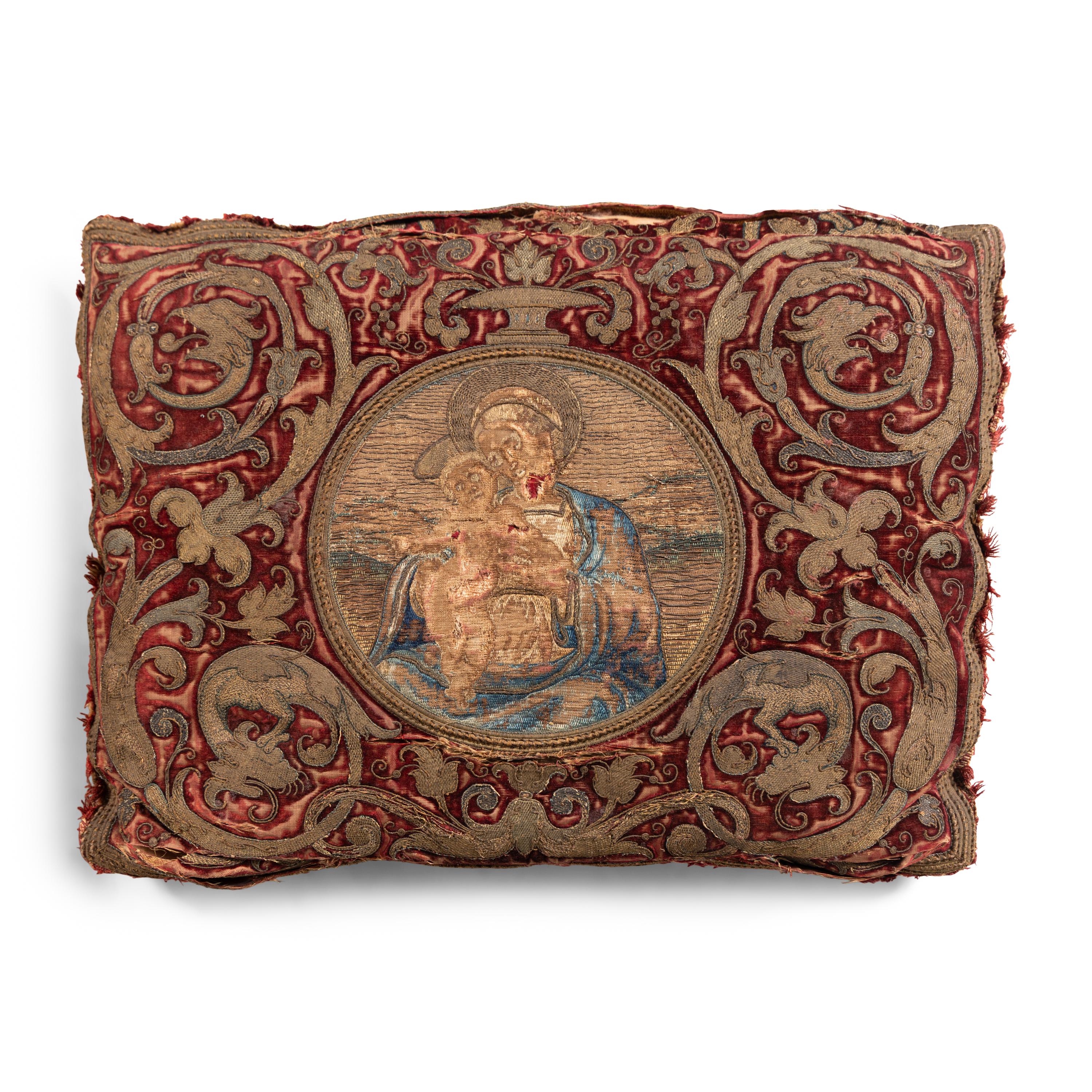 A Pair of Silk Velvet, Gold Filé and Silk Embroidered Panels, Now Mounted as Pillows
