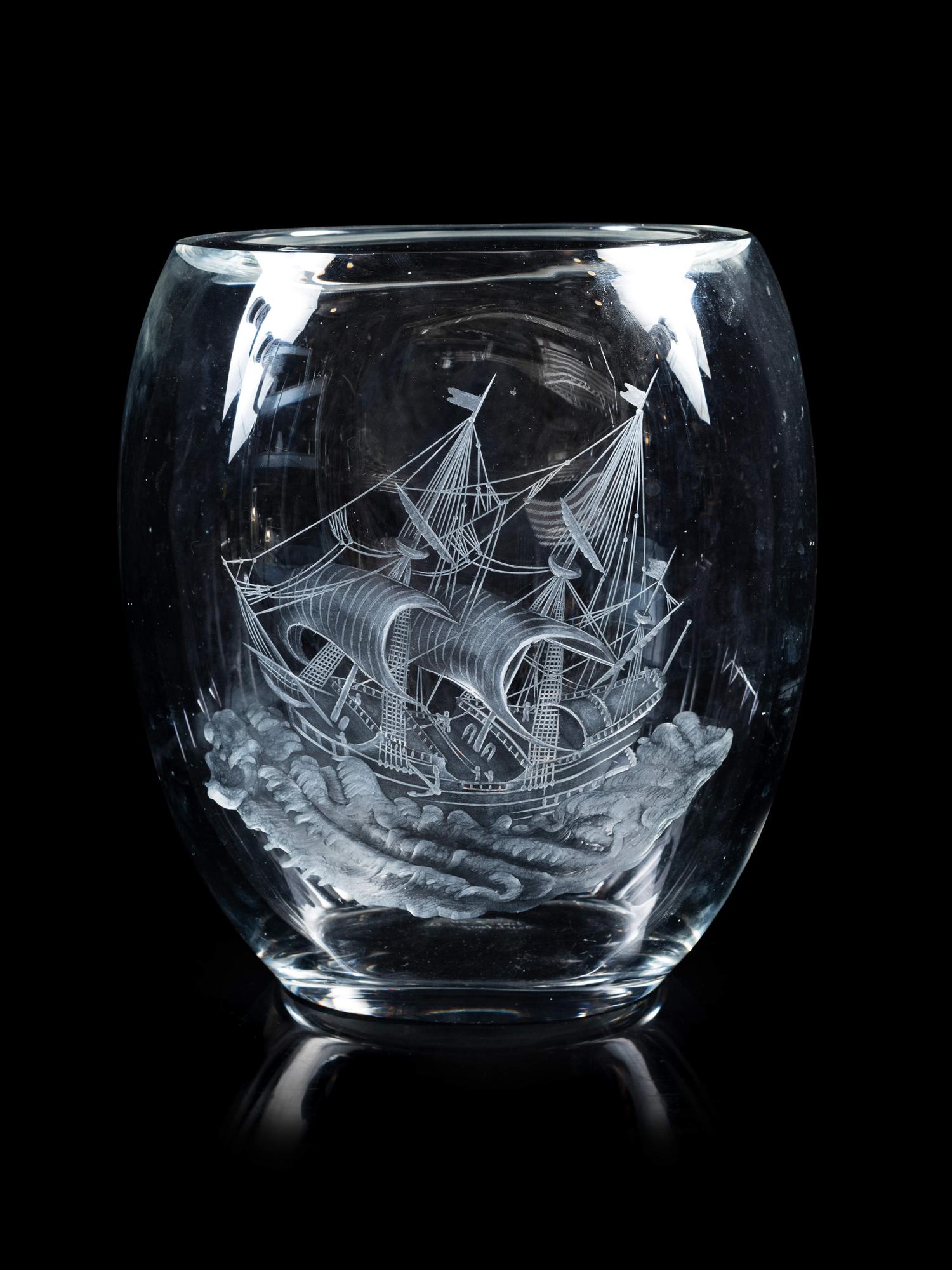 A Val St. Lambert Etched and Frosted Glass Vase