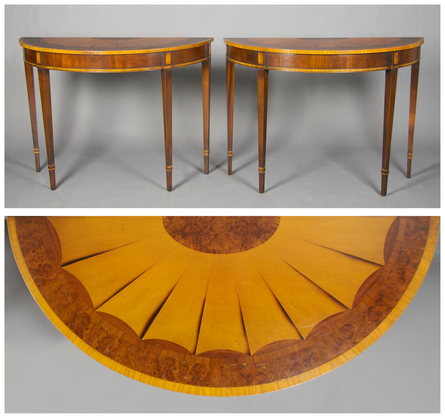A Pair of English Demilune Console Tables, Height 33 x width 45 x depth 19 1/4 inches.