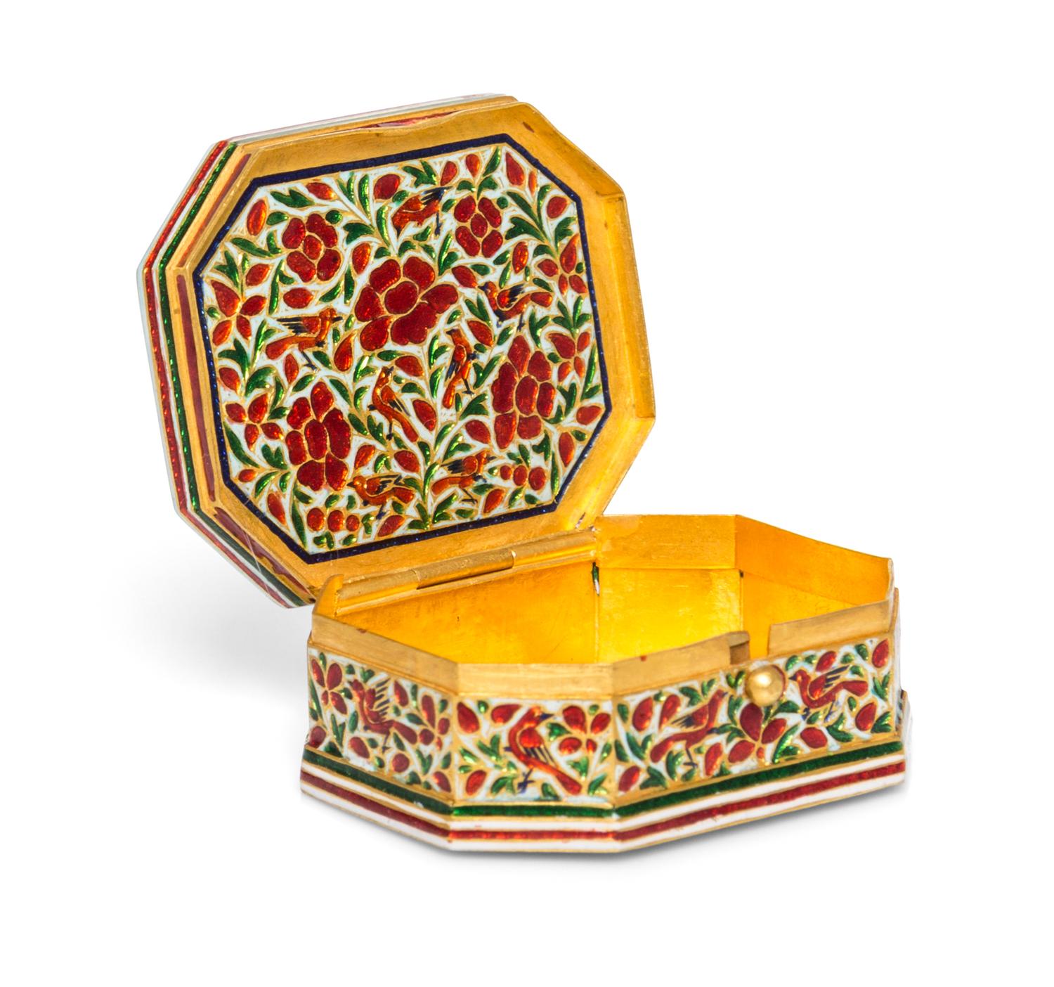A Mughal Gold, Enameled and Diamond Inset Box, 20th Century, of rectangular form with canted corners, the diamonds inset in a floral pa