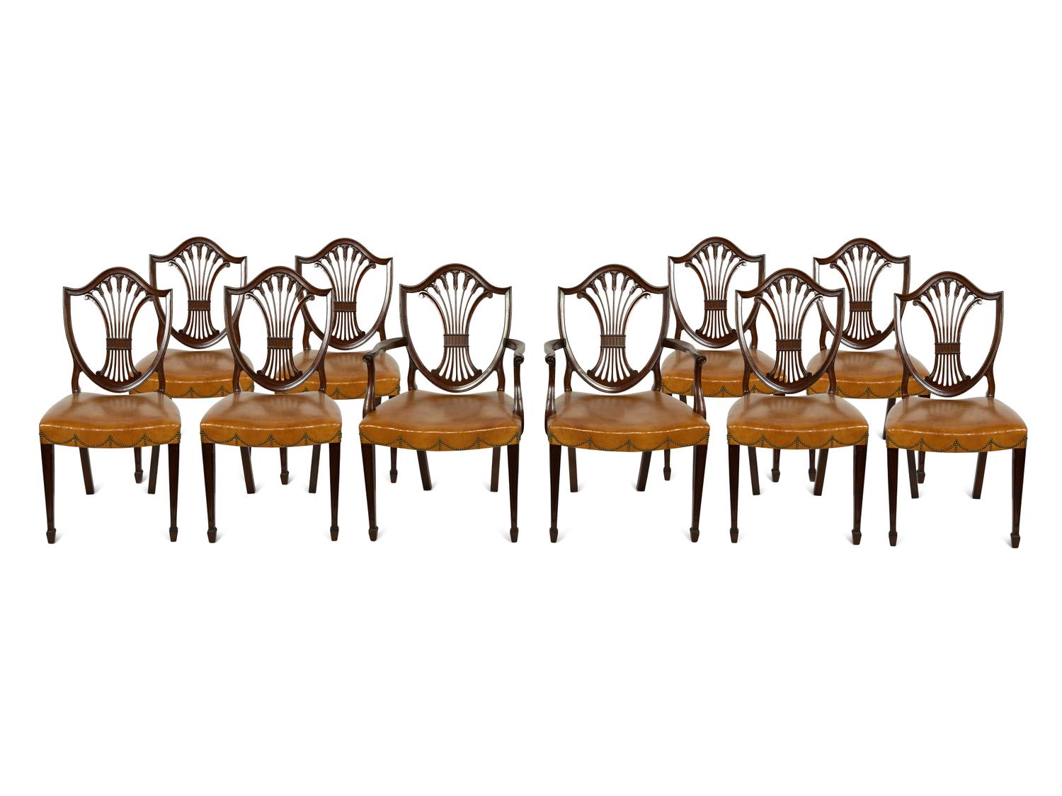 A Set of Ten George III Style Leather-Upholstered Mahogany Dining Chairs
