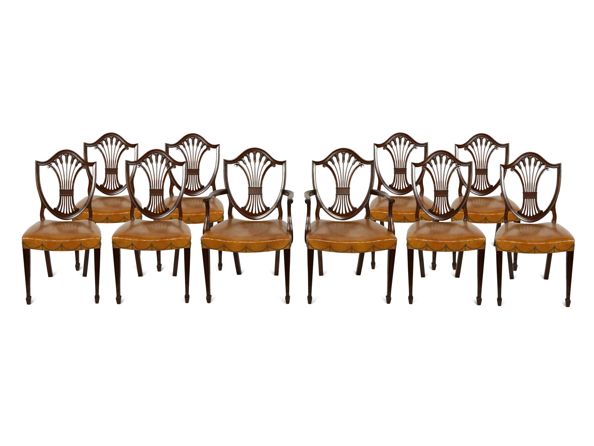 A Set of Ten George III Style Leather-Upholstered Mahogany Dining Chairs