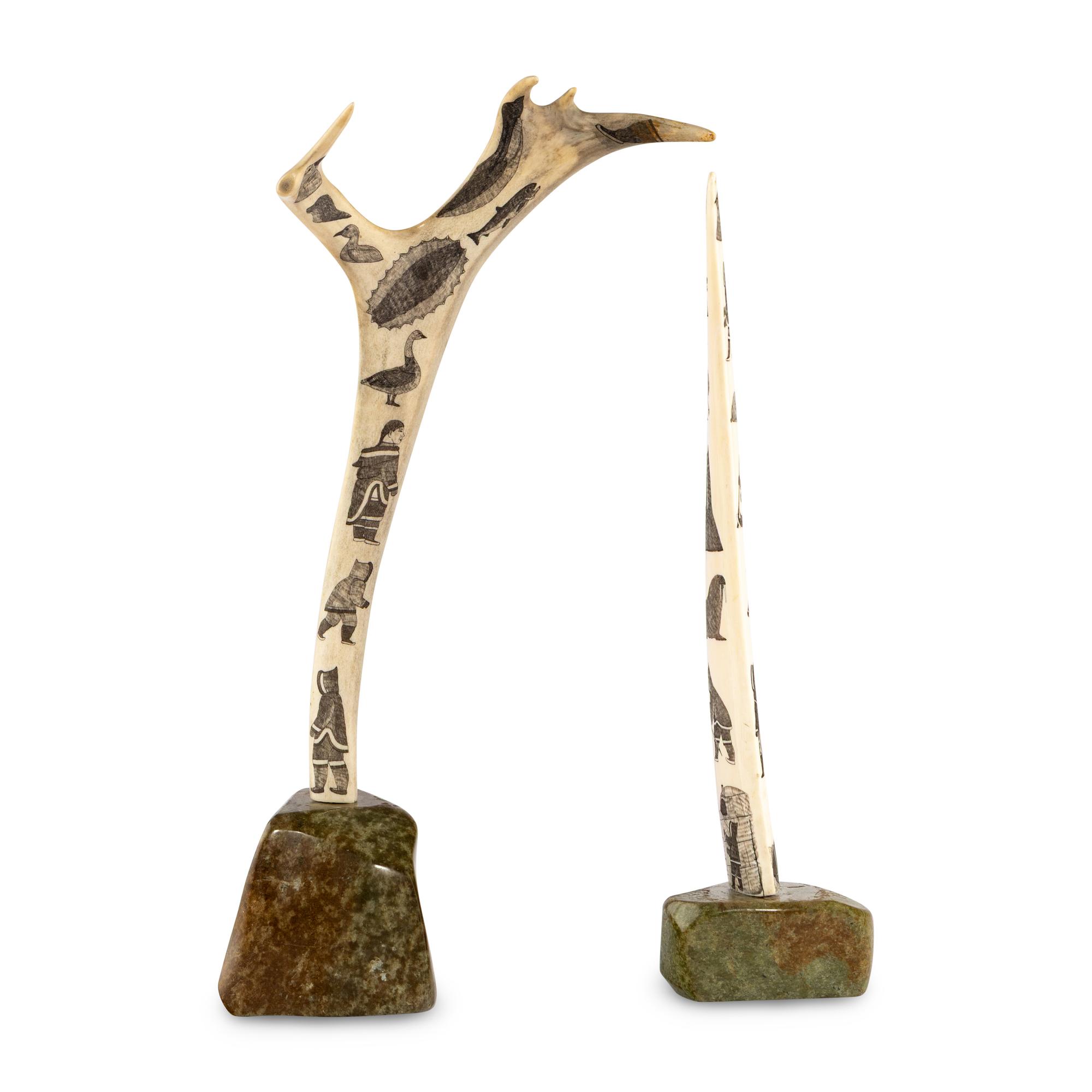 Scrimshawed Antler and Walrus Tusk