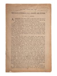 [WOMEN'S SUFFRAGE]. ANTHONY, Susan B. (1820-1906). The Status of Woman, Past, Present, and Future. [Boston?]: [Arena Publishing Co.], 1897. INSCRIBED BY ANTHONY.
