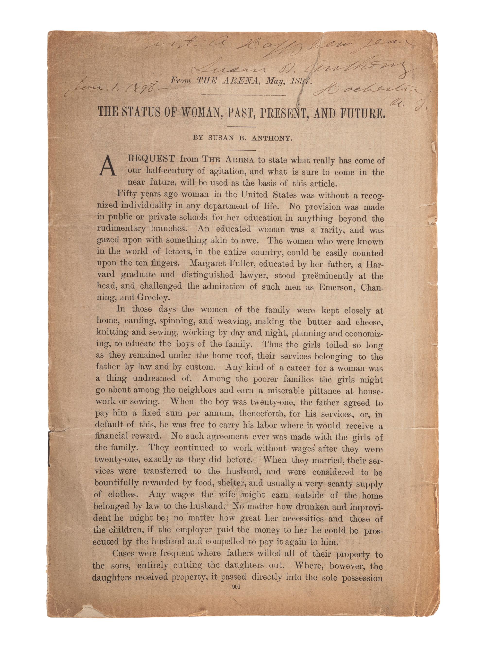 [WOMEN'S SUFFRAGE]. ANTHONY, Susan B. (1820-1906). The Status of Woman, Past, Present, and Future. [Boston?]: [Arena Publishing Co.], 1897. INSCRIBED BY ANTHONY.