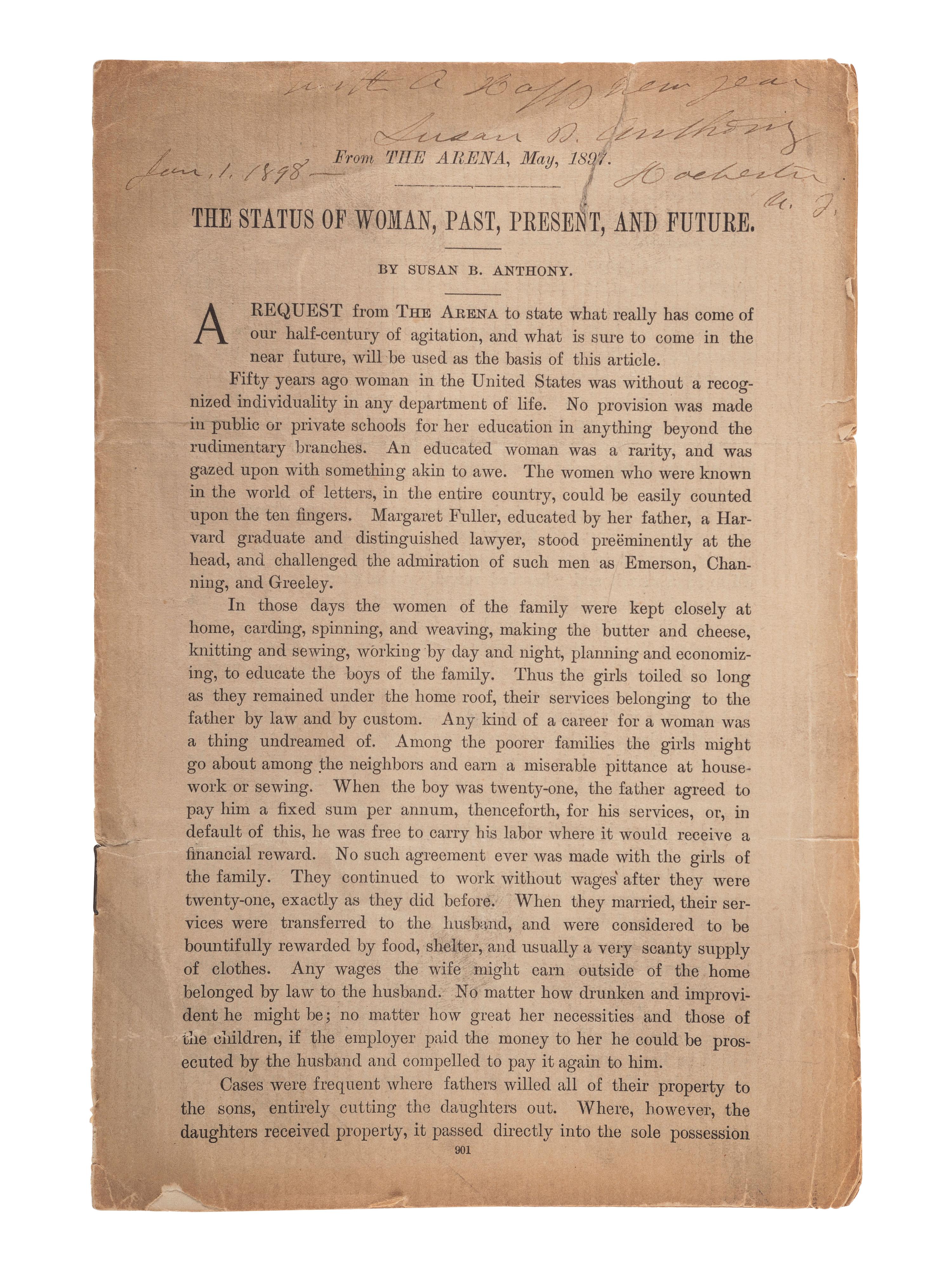 [WOMEN'S SUFFRAGE]. ANTHONY, Susan B. (1820-1906). The Status of Woman, Past, Present, and Future. [Boston?]: [Arena Publishing Co.], 1897. INSCRIBED BY ANTHONY.