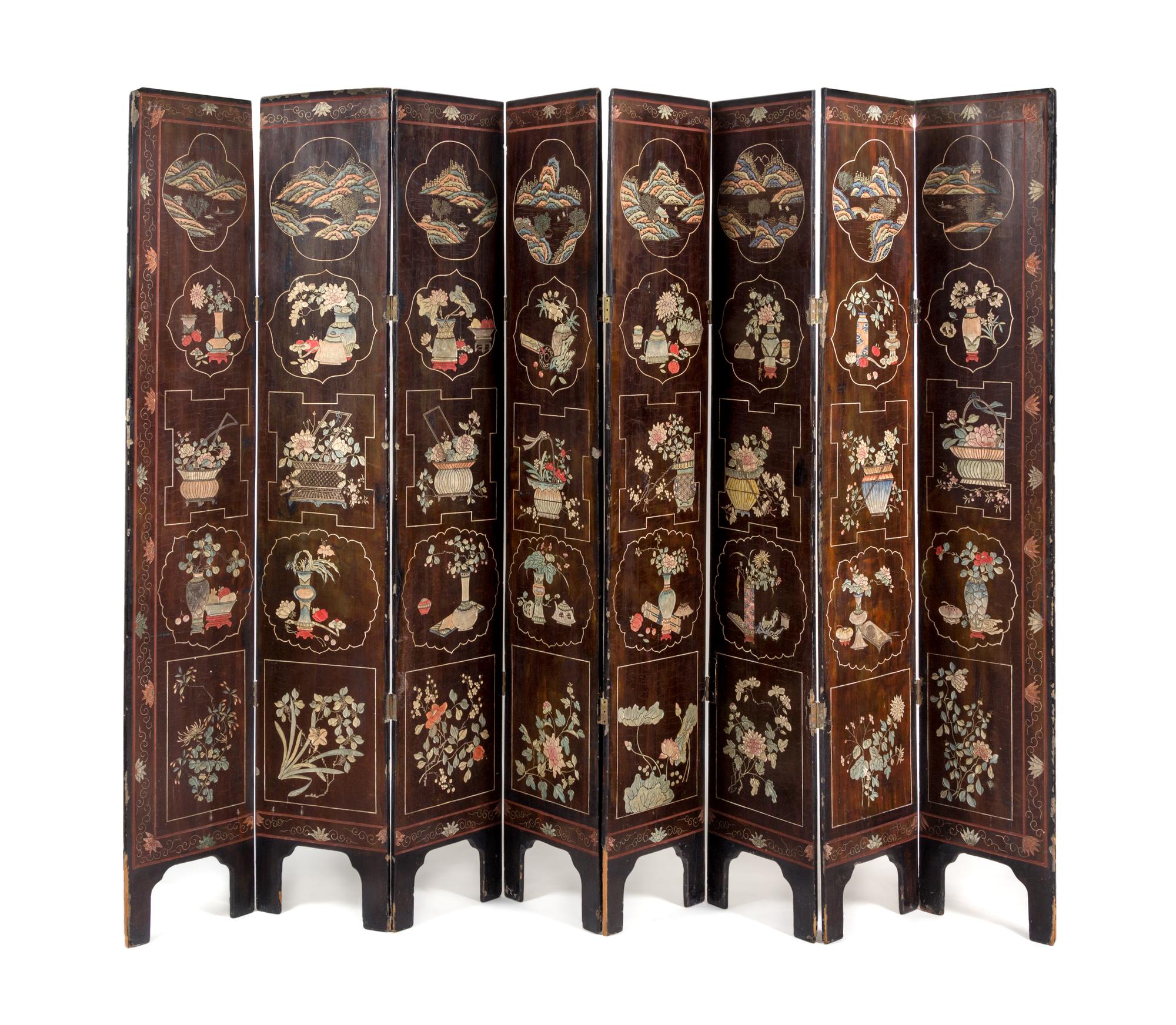 A Coromandel Eight-Panel Floor Screen Height 83 x width of each panel 15 1/2 inches. — LATE 19TH CENTURY