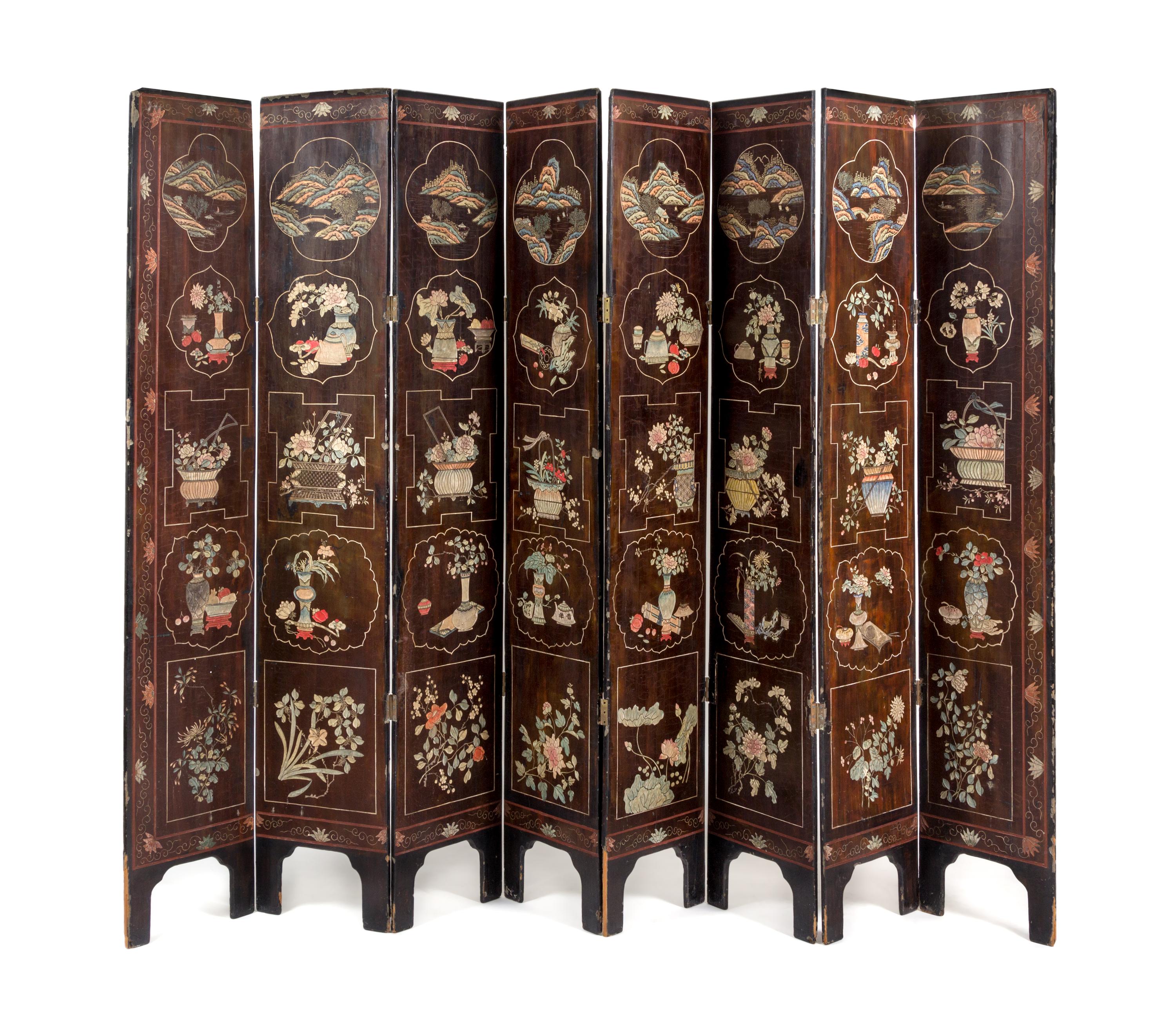 A Coromandel Eight-Panel Floor Screen Height 83 x width of each panel 15 1/2 inches. — LATE 19TH CENTURY