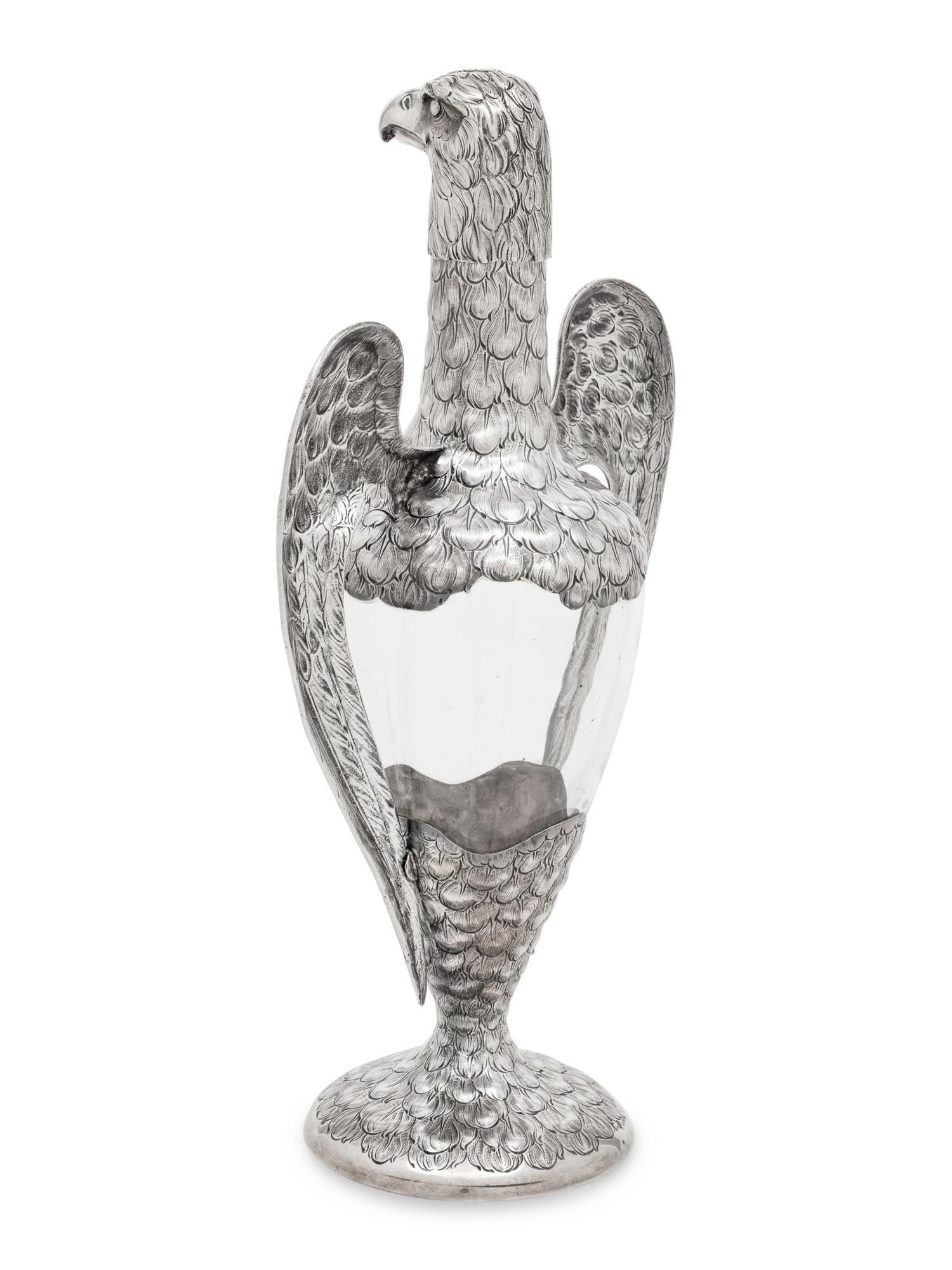 A German Silver-Mounted Glass Eagle-Form Decanter