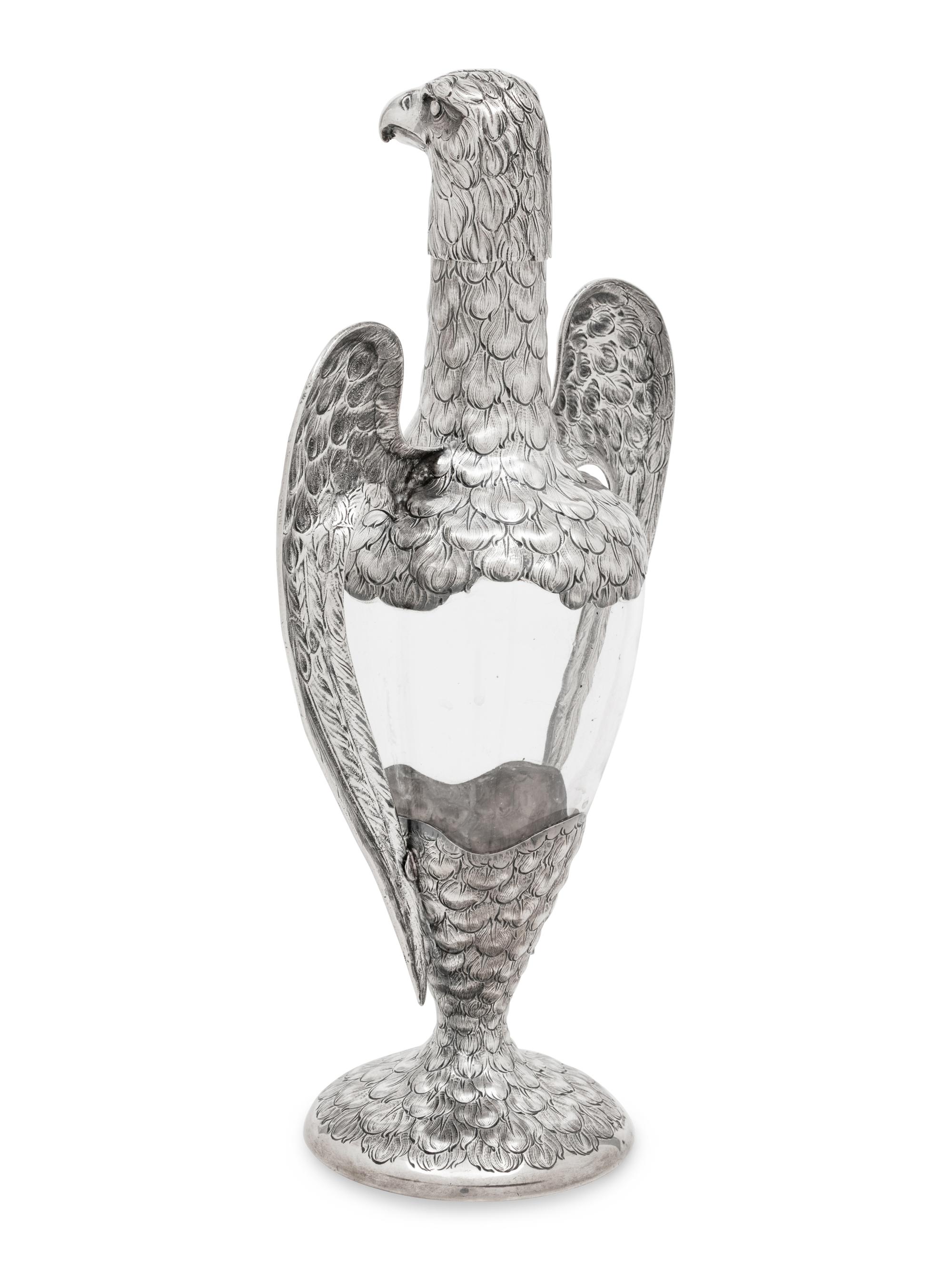 A German Silver-Mounted Glass Eagle-Form Decanter