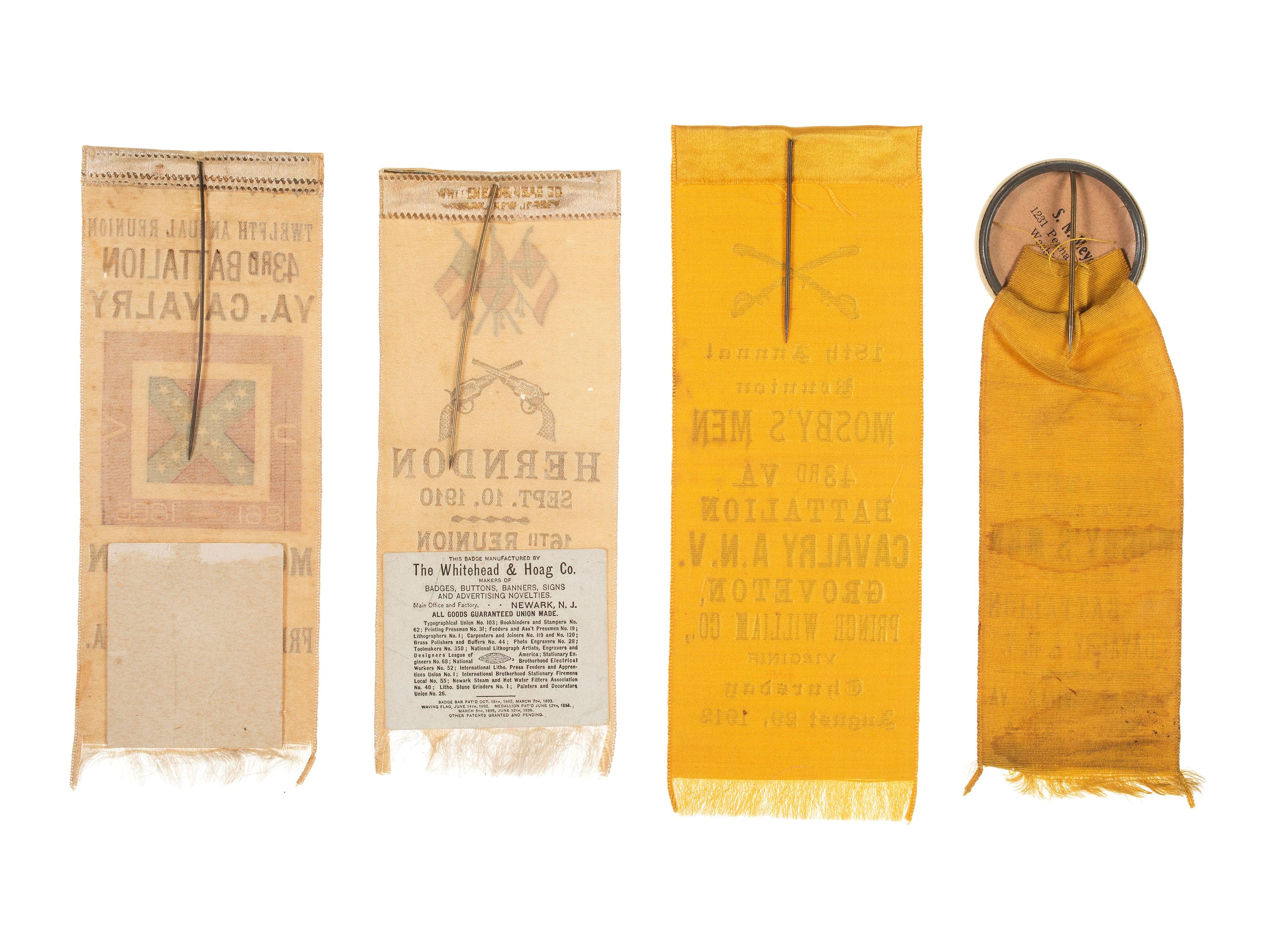 [MOSBY, JOHN S. (1833-1916)]. A group of 4 reunion ribbons for "Mosby's Men," with reunion notice.