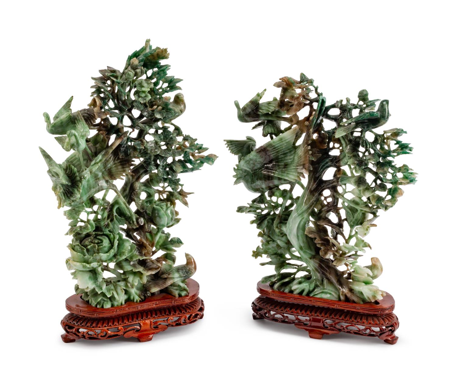 A Pair of Chinese Pierce-Carved Hardstone Models of Birds in Branches